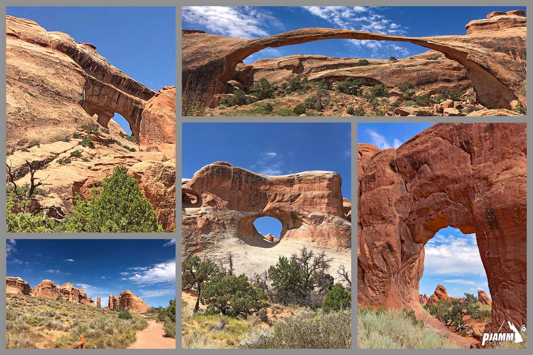 Cycling Arches National Park, Utah - photo collage, PJAMM Cycling logo in corner, various views of different red rock formations and arches