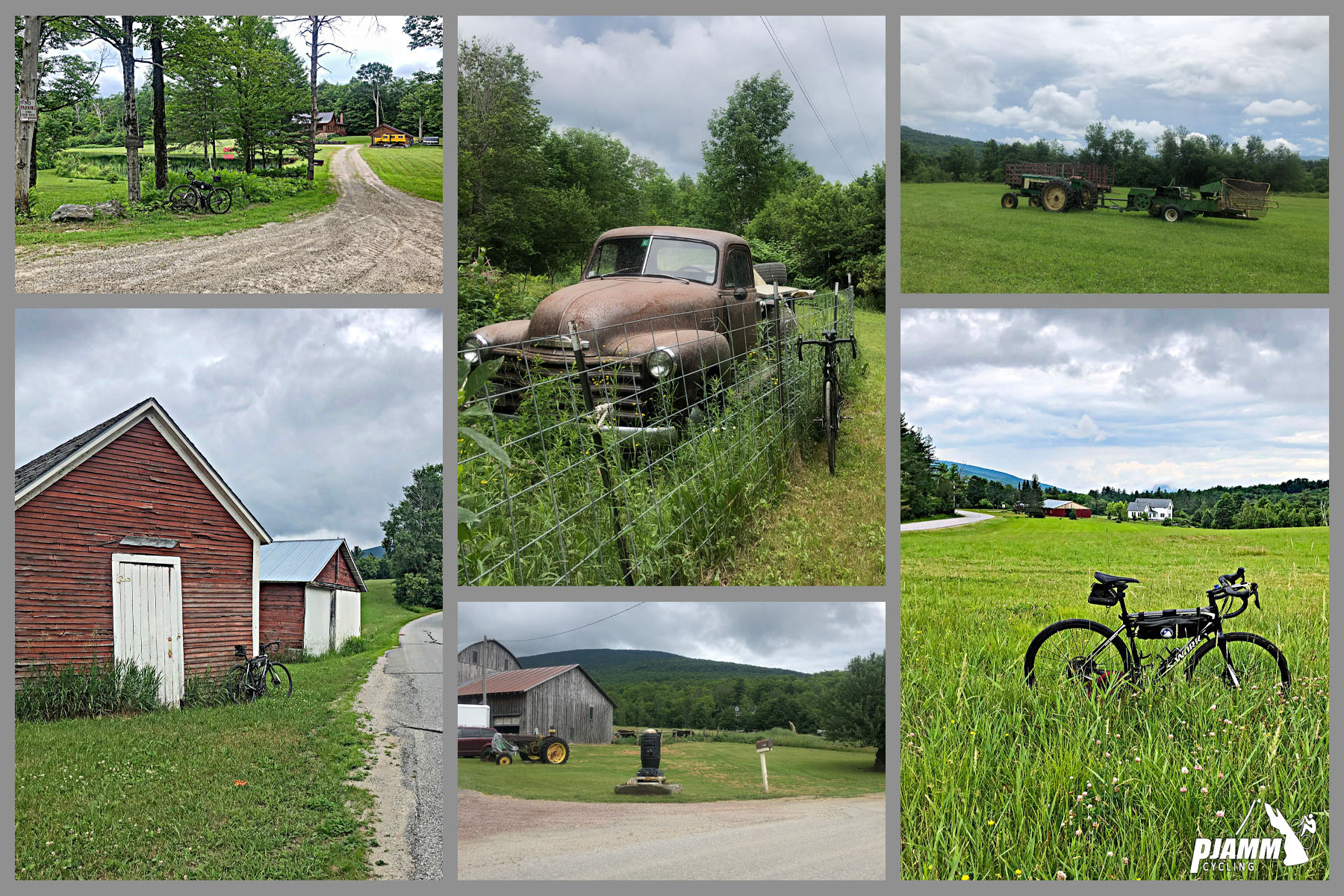Lincoln Gap West Cycling Lincoln Gap West - photo collage, rusted vintage car parked in field behind wire fence, green tractor mowing field, red barns with white doors under cloudy sky, bike parked in pastureland