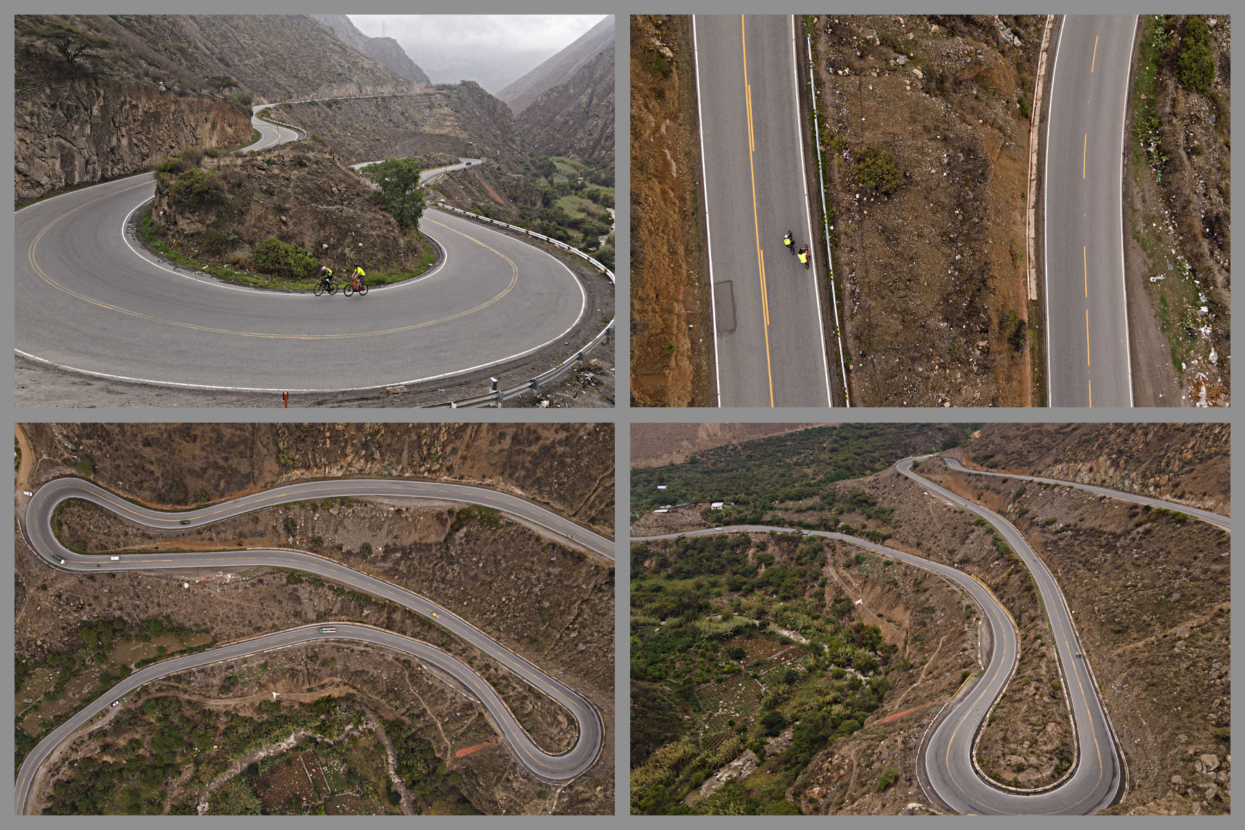 Cycling Conococha, Peru - aerial views show hairpin turns along second part of climb
