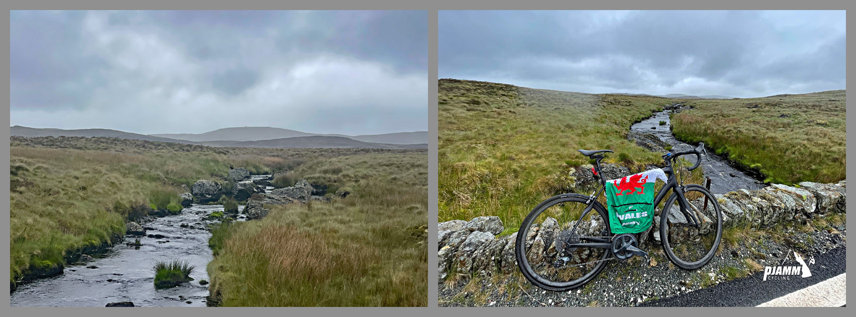 Cycling Migneint Pass, Wales bike parked at low stone barrier where road crosses the River Conwy