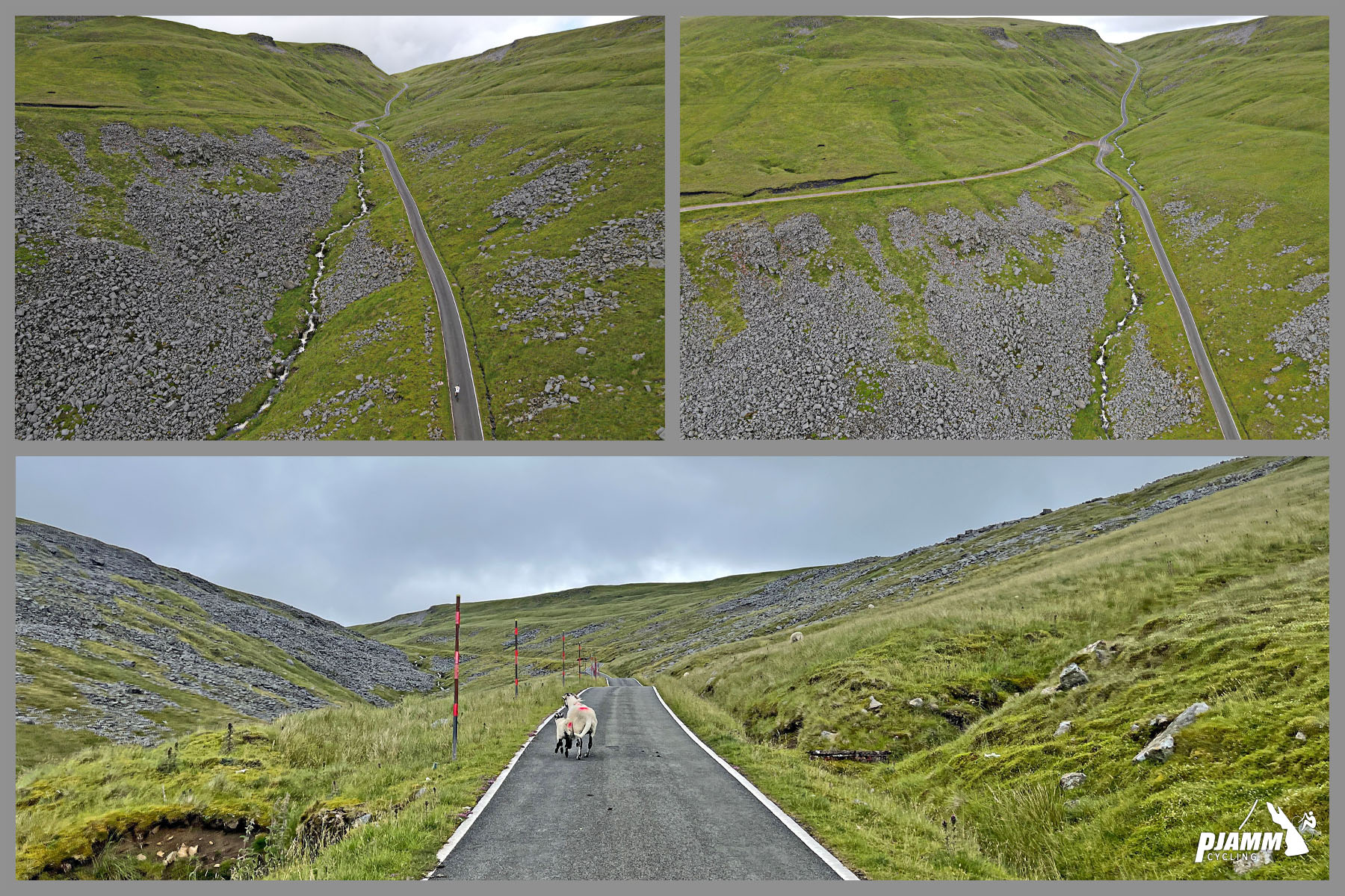 photo collage shows scree field on hillside next to road at mile 3