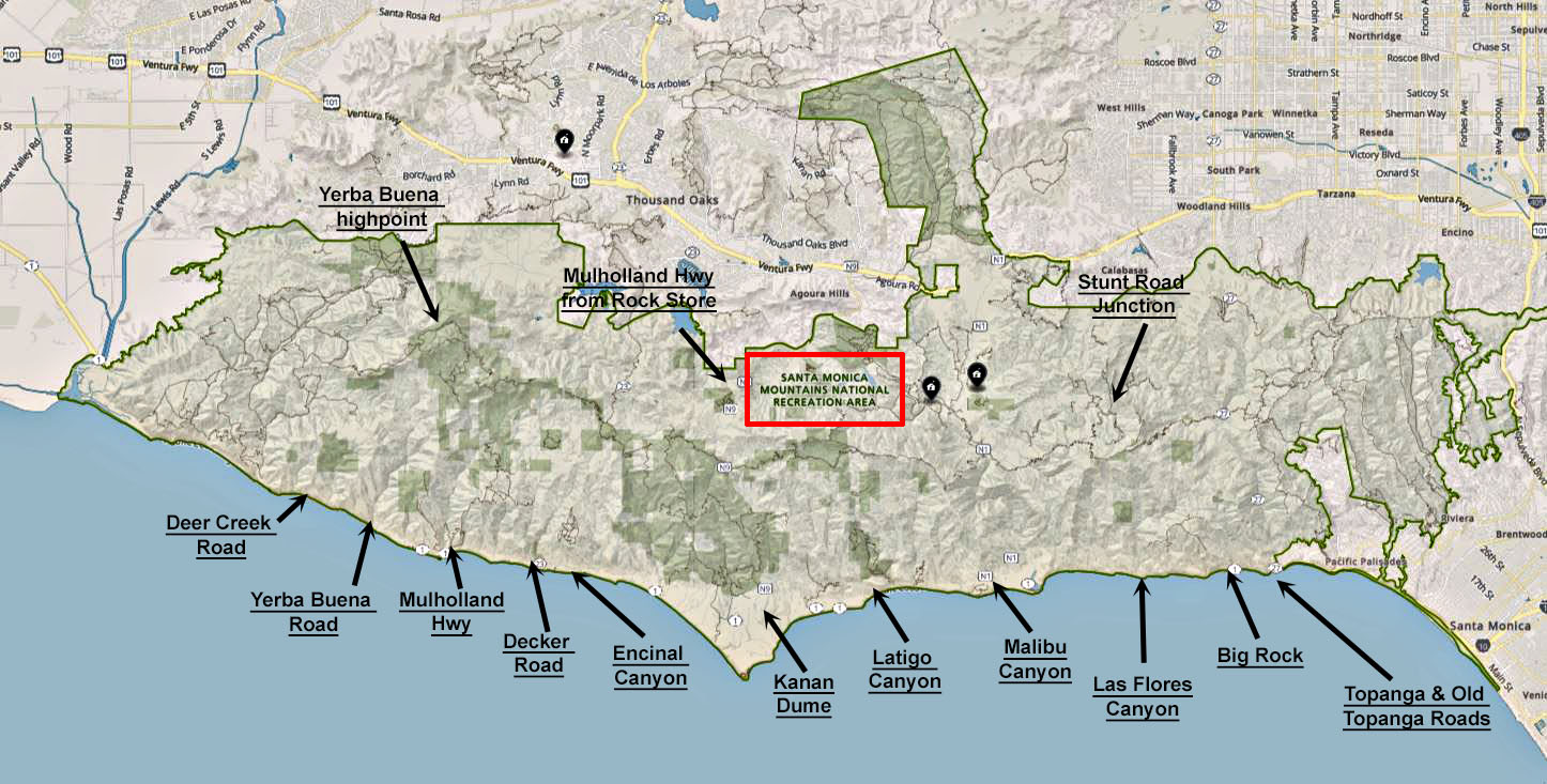 Cycling the Santa Monica Mountains, California - map shows climbs starting on the Pacific Coast Highway and Rock Store