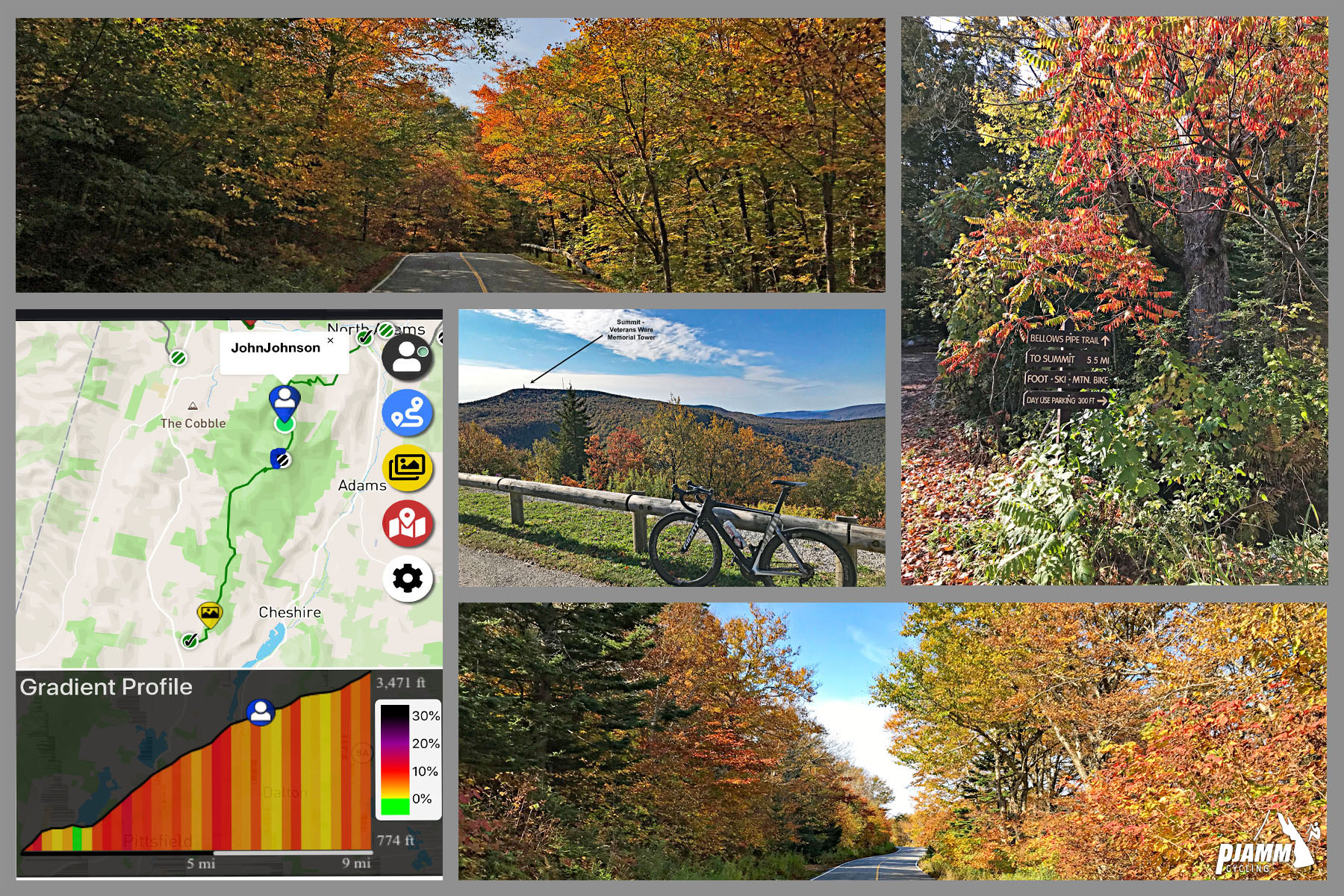 Cycling Mt. Greylock, Massachusetts  - photo collage, route map and gradient, fall foliage lining roadways, PJAMM Cycling logo in corner