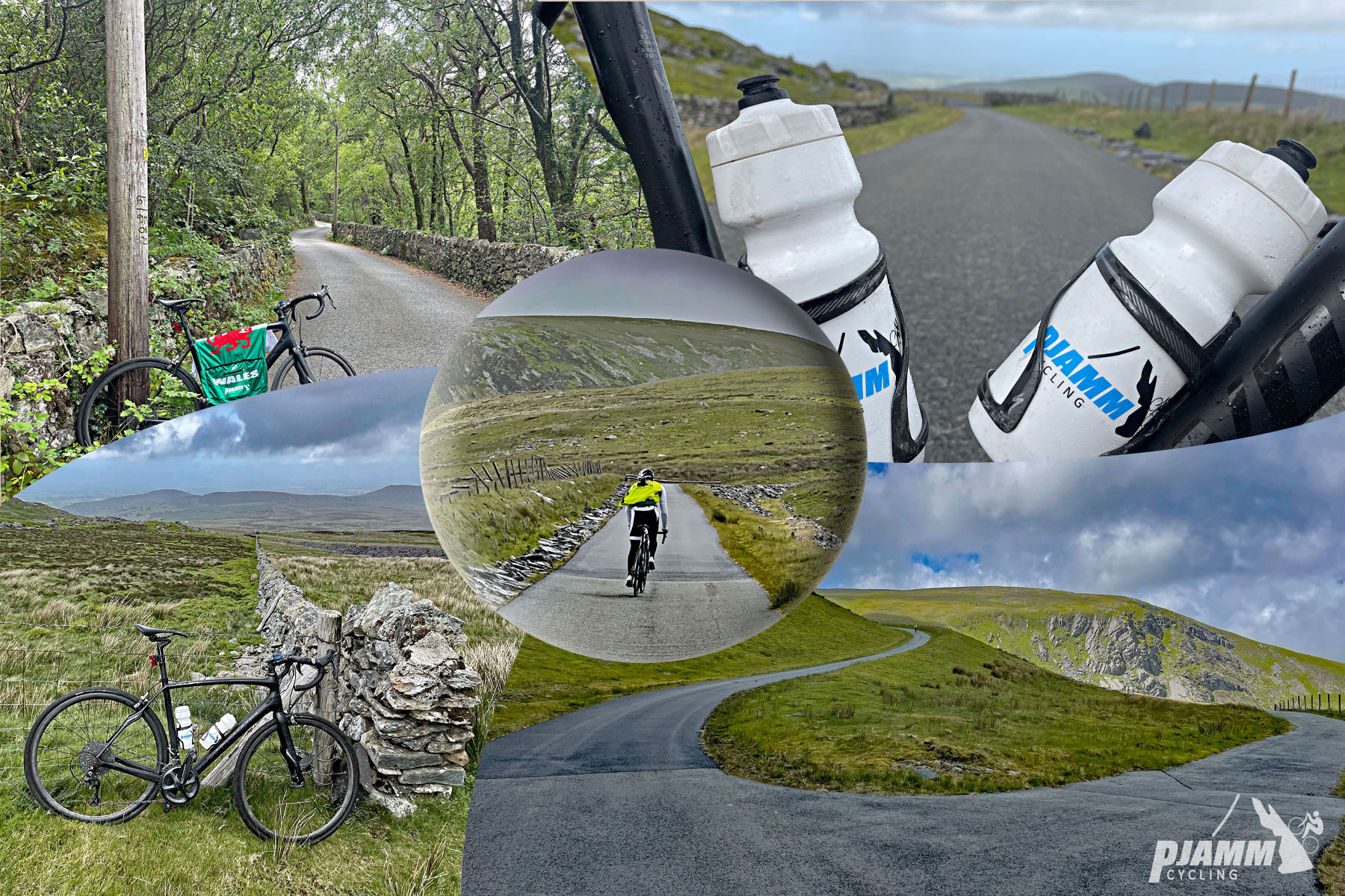Cycling Electric Mountain, Wales photo collage, bike parked at various points along the climb, one-lane country roadway
