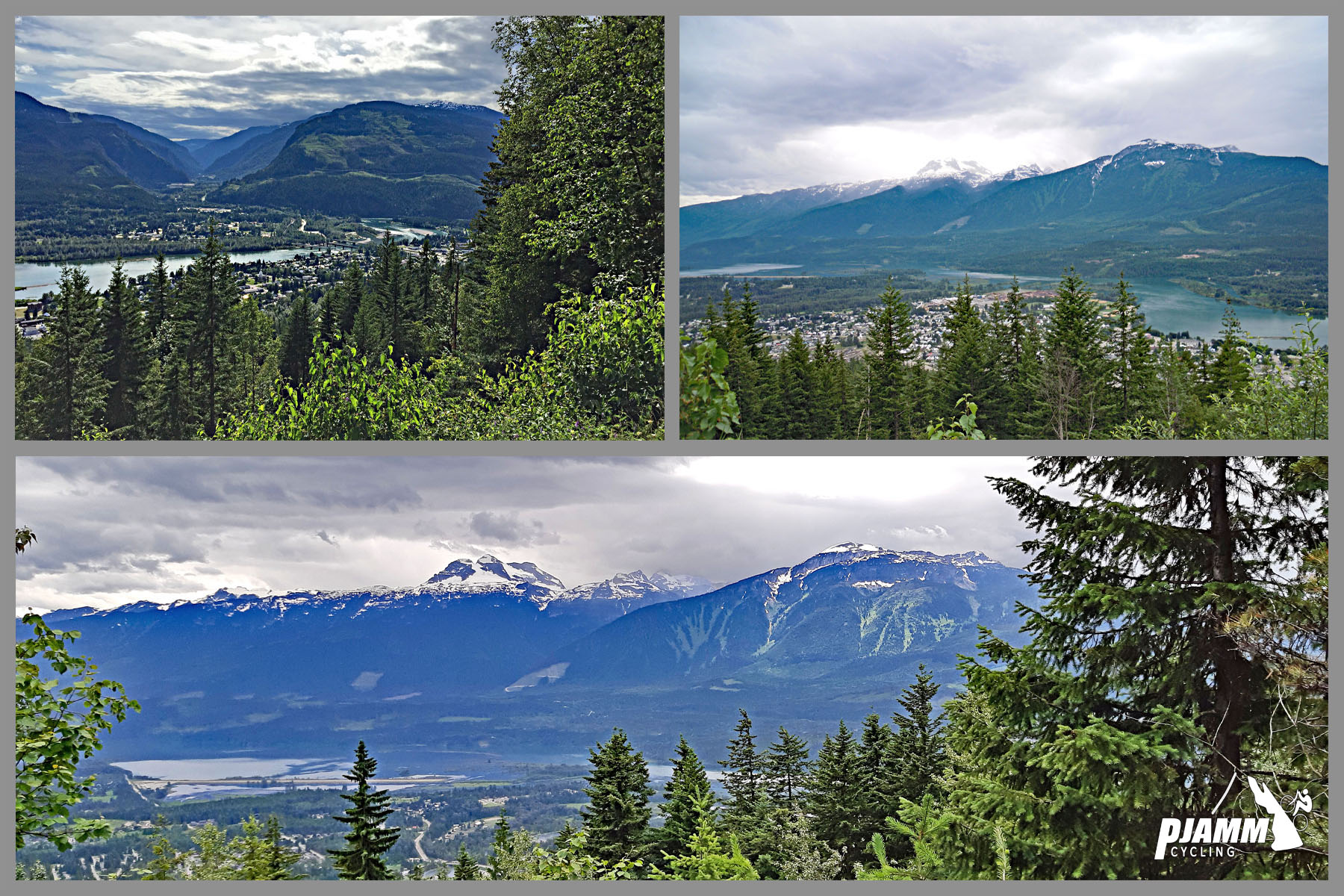 Cycling Mt. Revelstoke, BC, Canada - photo collage, PJAMM Cycling logo in corner, views from Revelstoke Viewpoint overlooking mountain ranges topped in snow, evergreen trees, lake