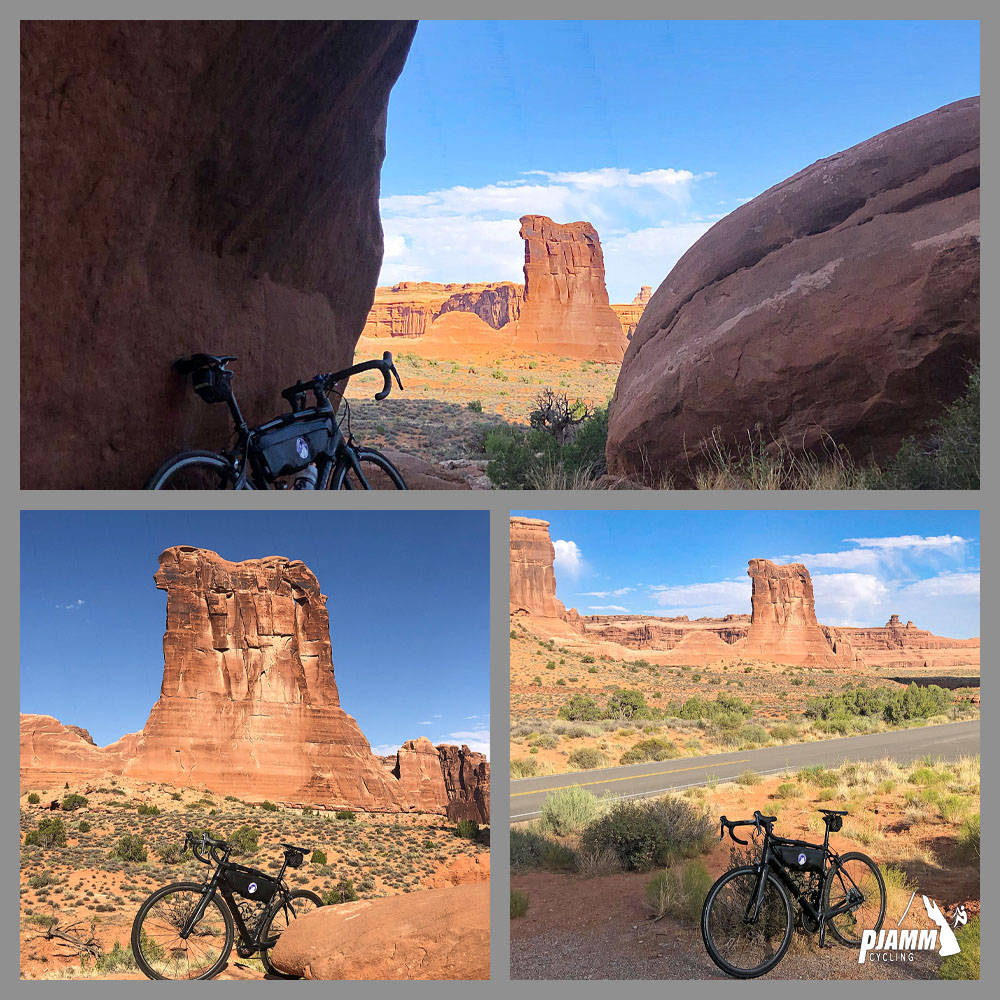 Cycling Arches National Park, Utah - photo collage, PJAMM Cycling logo in corner, bike parked along roadside near Sheep Rock