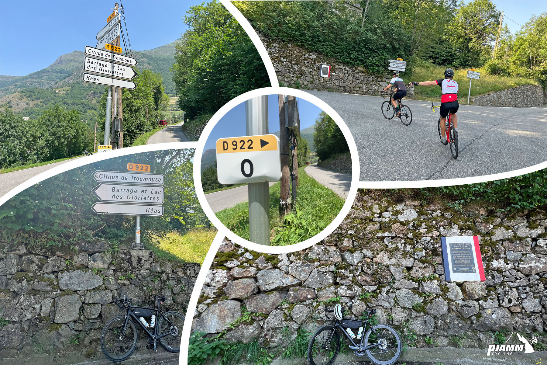 photo collage shows road signs along the route, bike parked against stone retaining wall