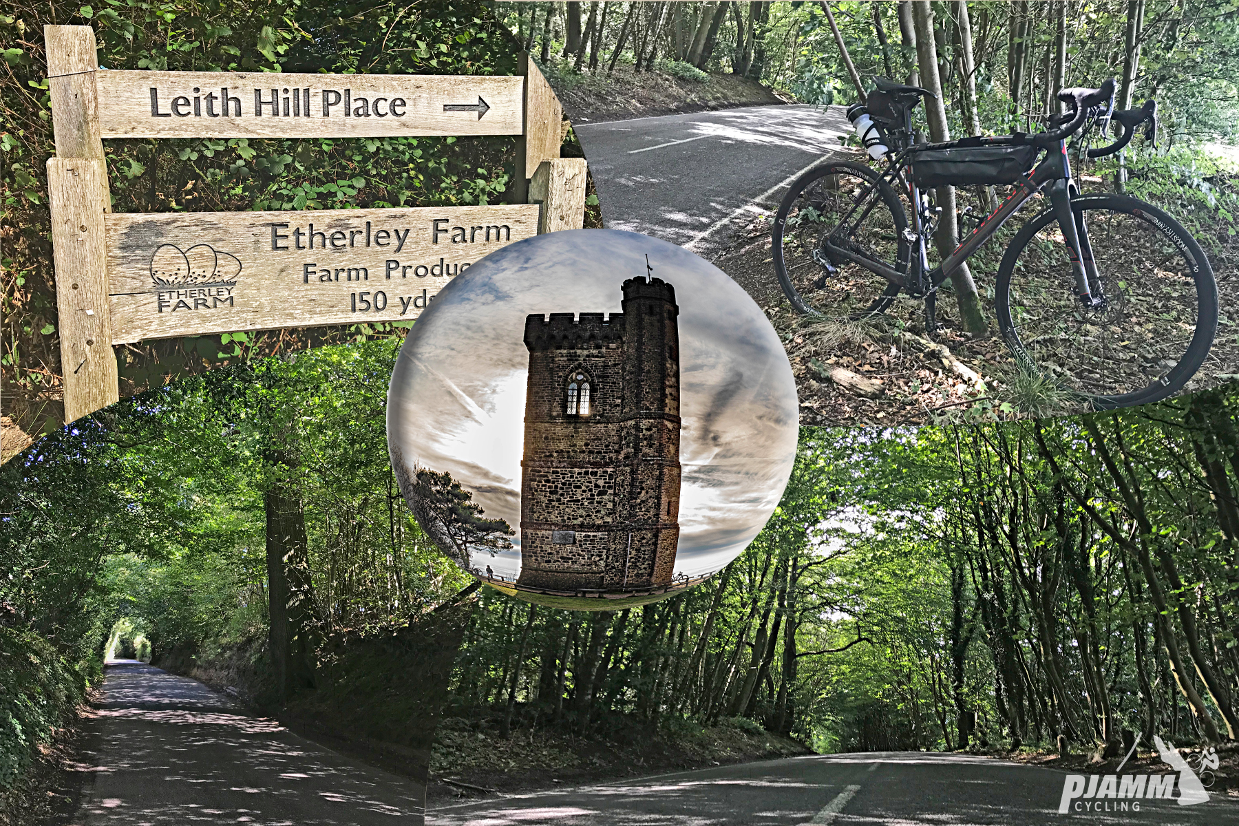 Cycling Leith Hill, England - photo collage, PJAMM Cycling logo in corner, wooden sign for Leith Hill Place and Etherley Farm, bike parked in brush along side of road, Leith Hill stone tower, densely tree-lined roads
