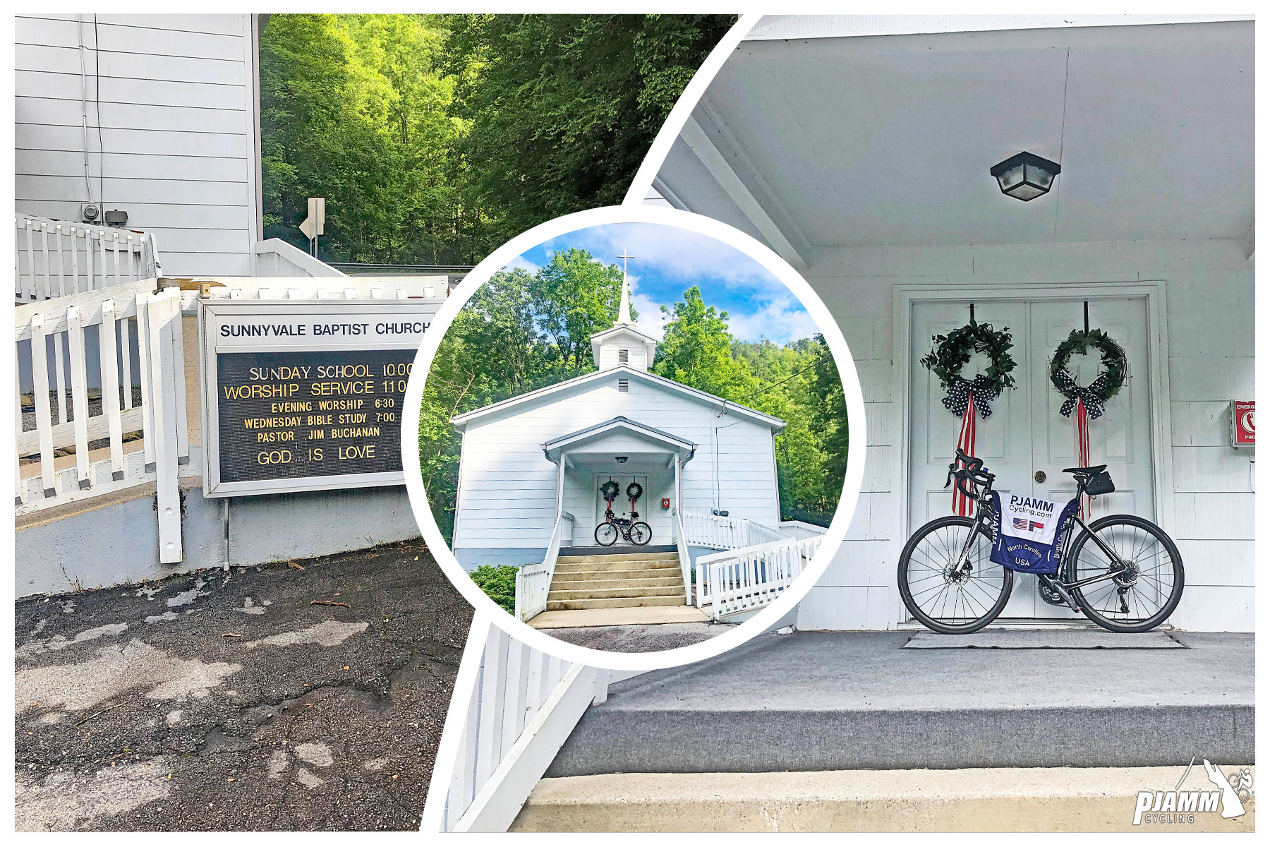 Climbing Mt. Mitchell by bike - Sunnyvale Baptist church sign, traditional white church building, bike on church's front porch