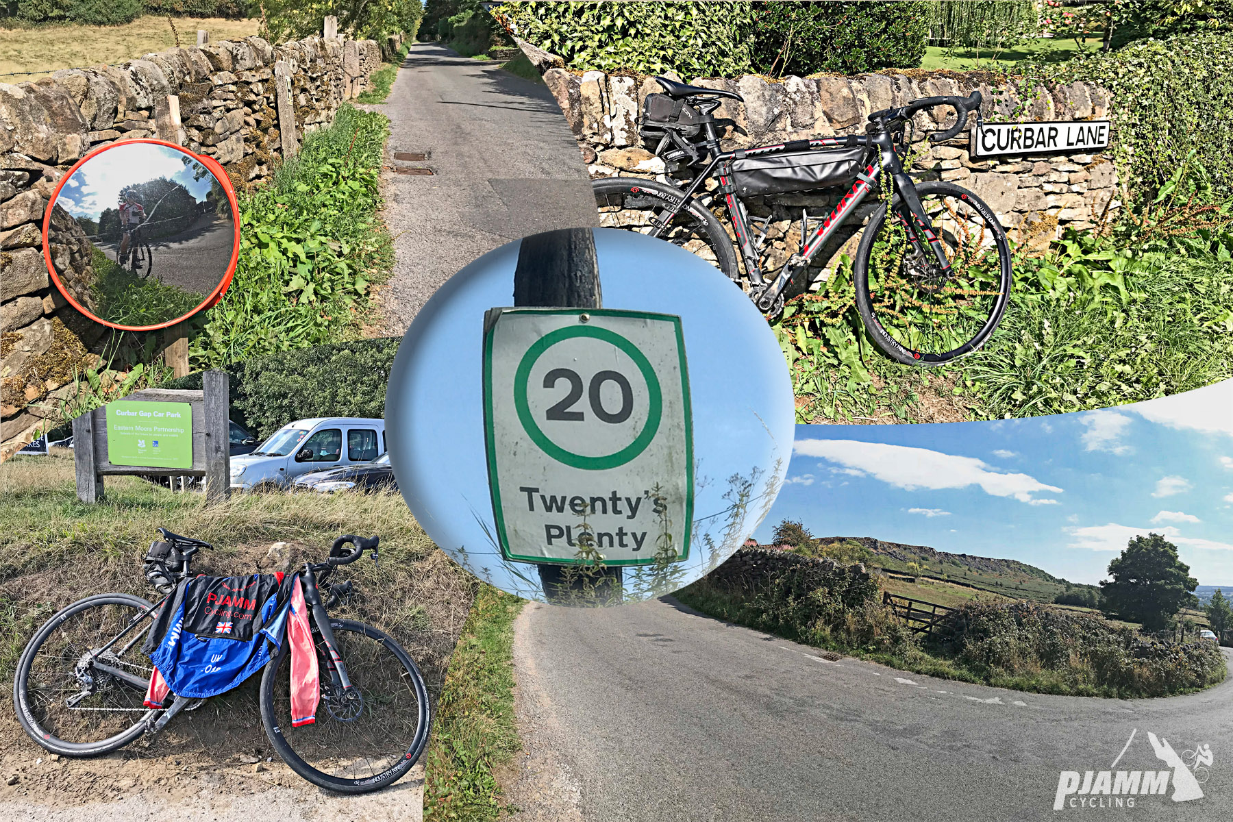 Cycling Curbar Edge, England - photo collage, bike parked along stone fence with road sign for Curbar Lane, two lane road traveling up hillside with pastureland on side, road sign stating "Twenty's Plenty", PJAMM Cycling logo in corner