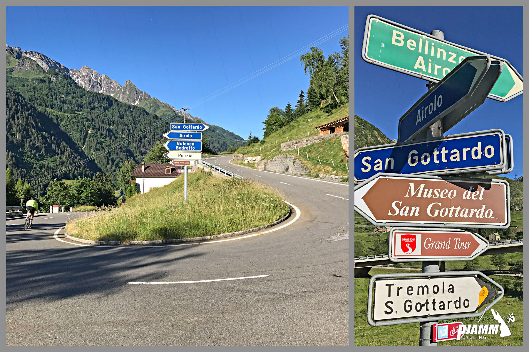 Cycling Gotthard Pass (St. Gotthard Pass), Switzerland - switchback in two-lane roadway in Swiss alps, roadsigns for, among others: Museo del San Gottardo, San Gottardo, Airolo, Tremola S. Gottardo, Grand Tour