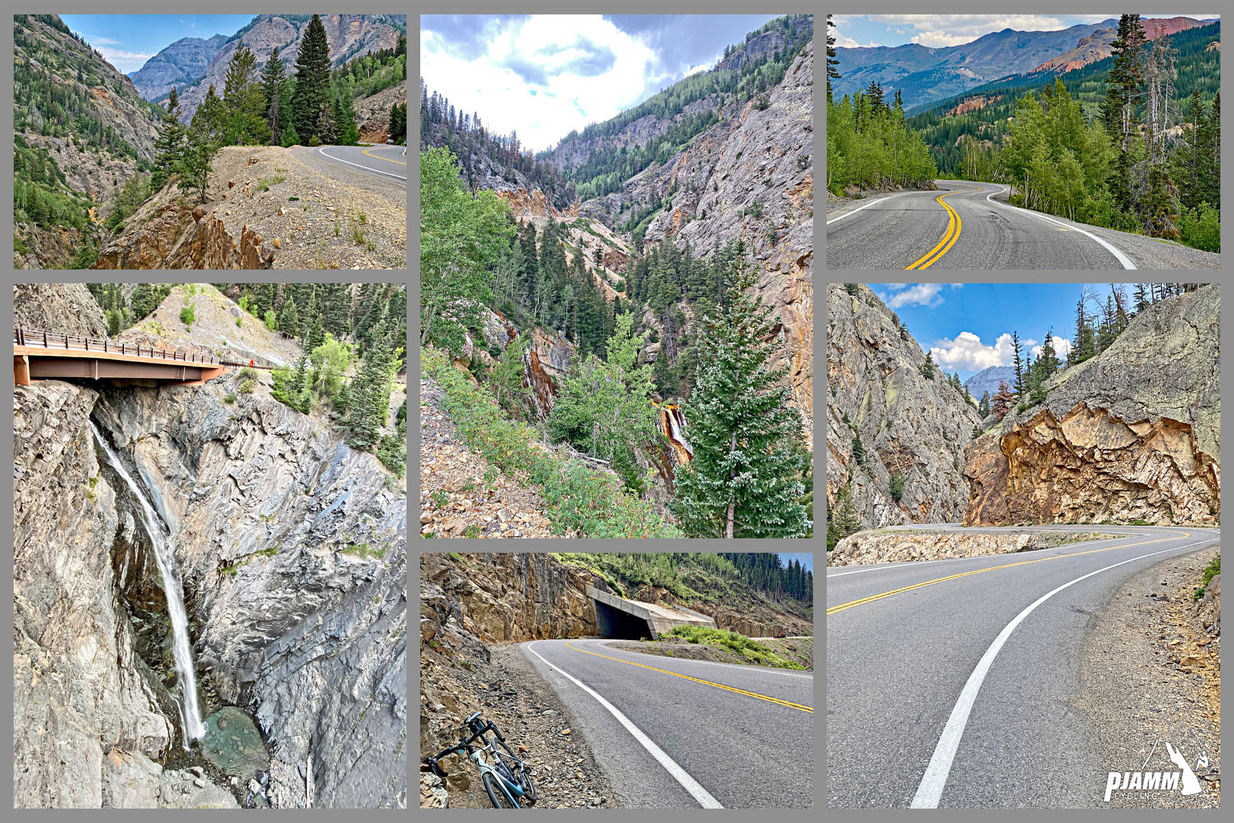 Cycling Red Mountain, Ouray, Colorado Cycling Red Mountain, Ouray, Colorado - photo collage, PJAMM Cycling logo in corner, views along the climb of rugged mountain terrain, a small waterfall along roadside underneath bridge