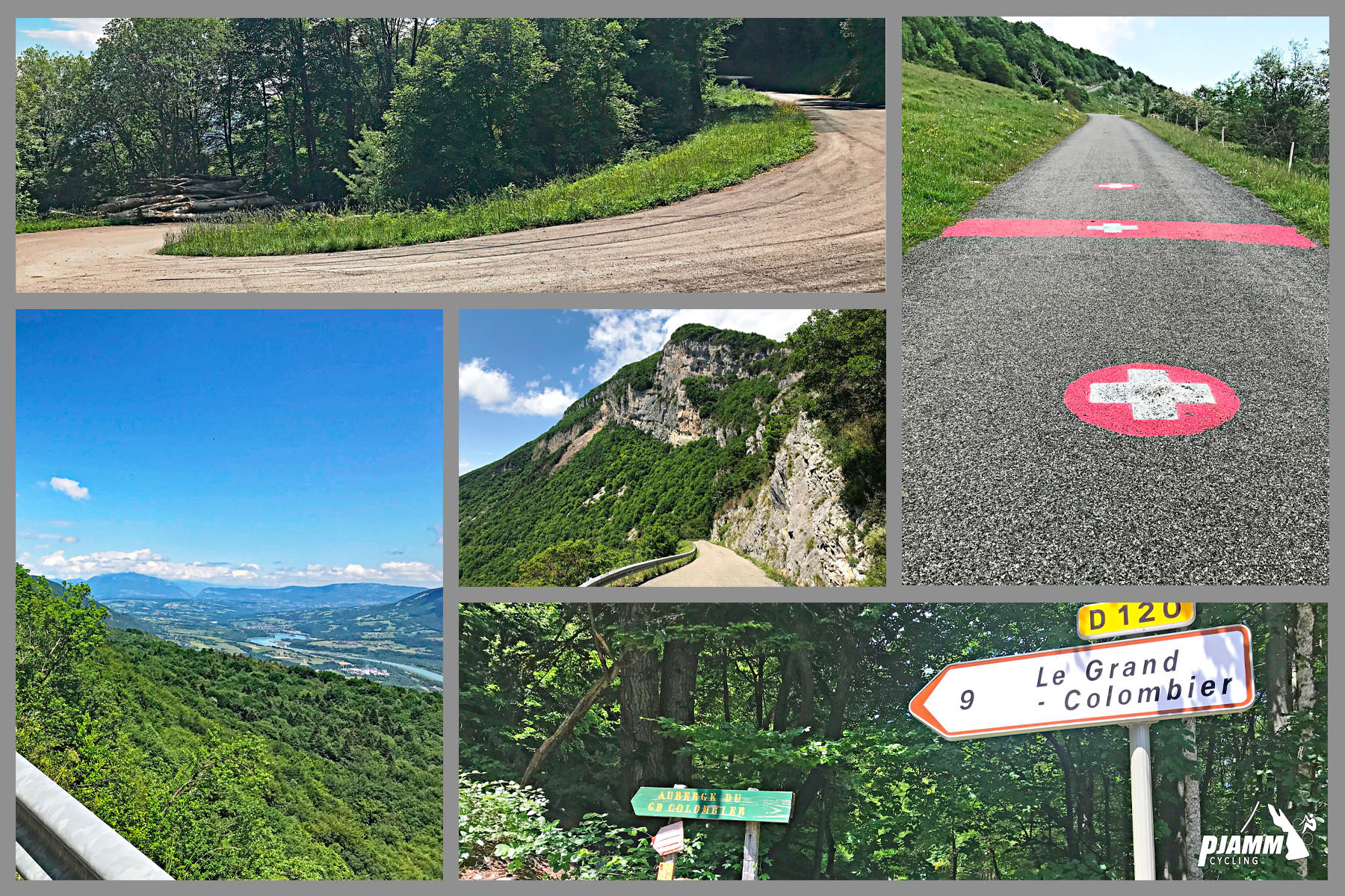 photo collage shows scenic views along climb: green mountainsides, rock faces, switchback turns
