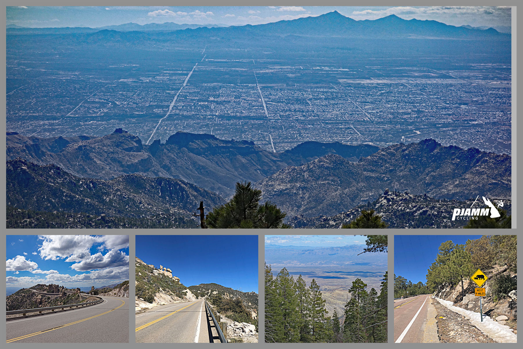 Cycling Mt. Lemmon, Arizona - views looking down from Windy Point, high desert landscape with city beyond, Ski Run Road, two-lane highway