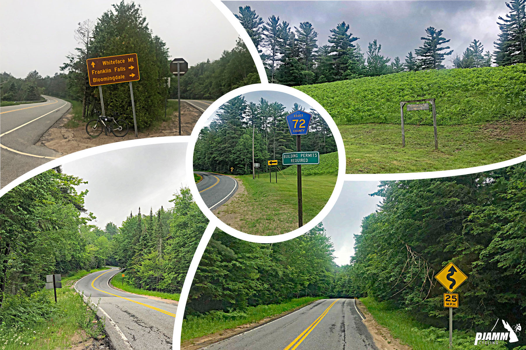 Cycling Whiteface Mountain, Franklin Falls, New York Cycling Whiteface Mountain, Franklin Falls, New York - photo collage, PJAMM Cycling logo in corner, lush greenery surrounding two-lane roadway, roadsigns for route 72, Whiteface, Franklin Falls