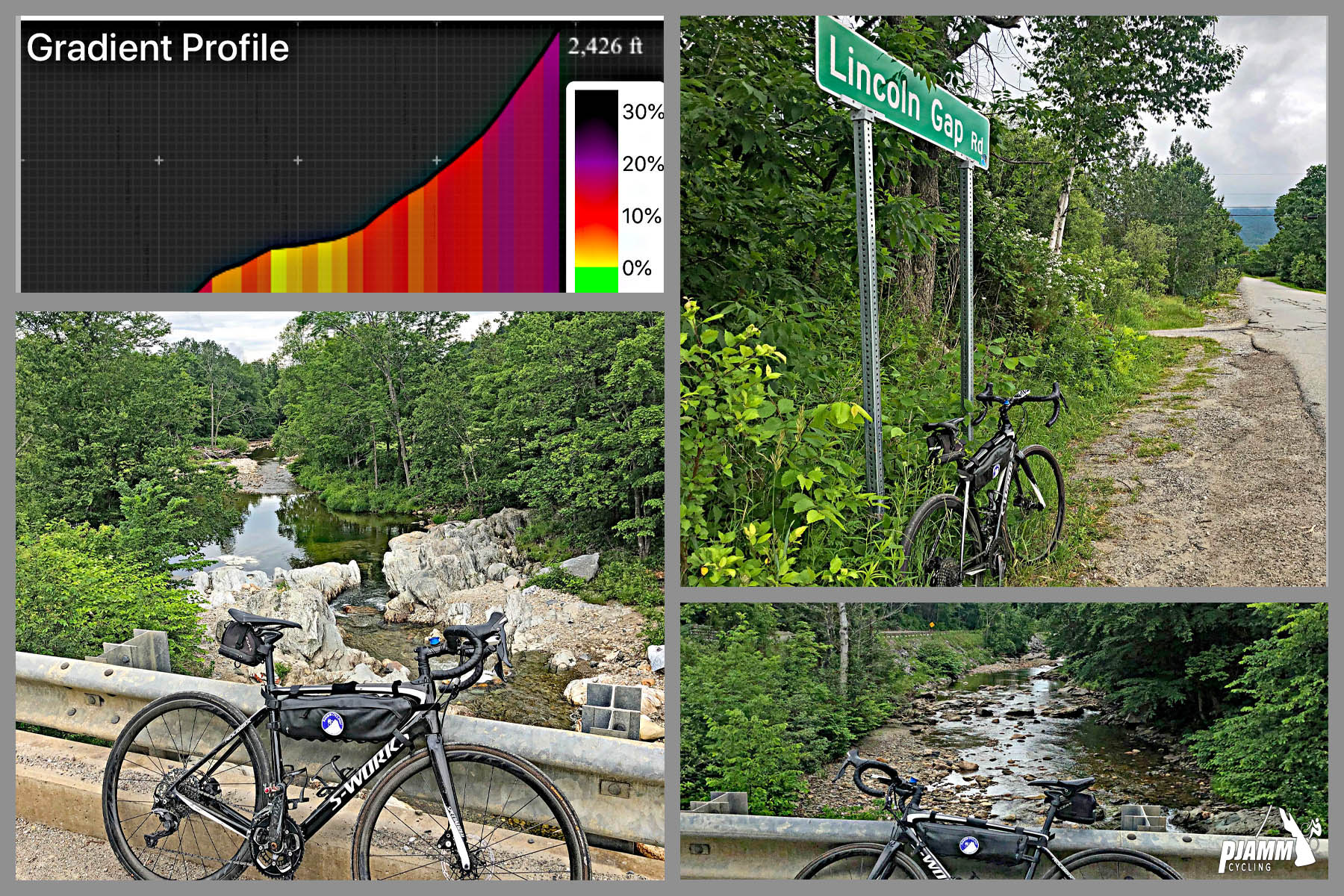 Lincoln Gap West Cycling Lincoln Gap West - Gradient profile, road sign for Lincoln Gap Road with bike propped against it, bike leaning against guardrail overlooking river