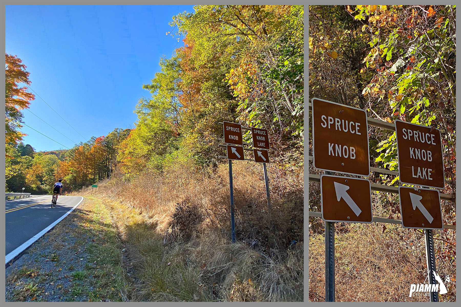 Cycling Spruce Knob, West Virginia - photo collage, signs for Spruce Knob and Spruce Knob Lake, PJAMM Cycling logo in corner