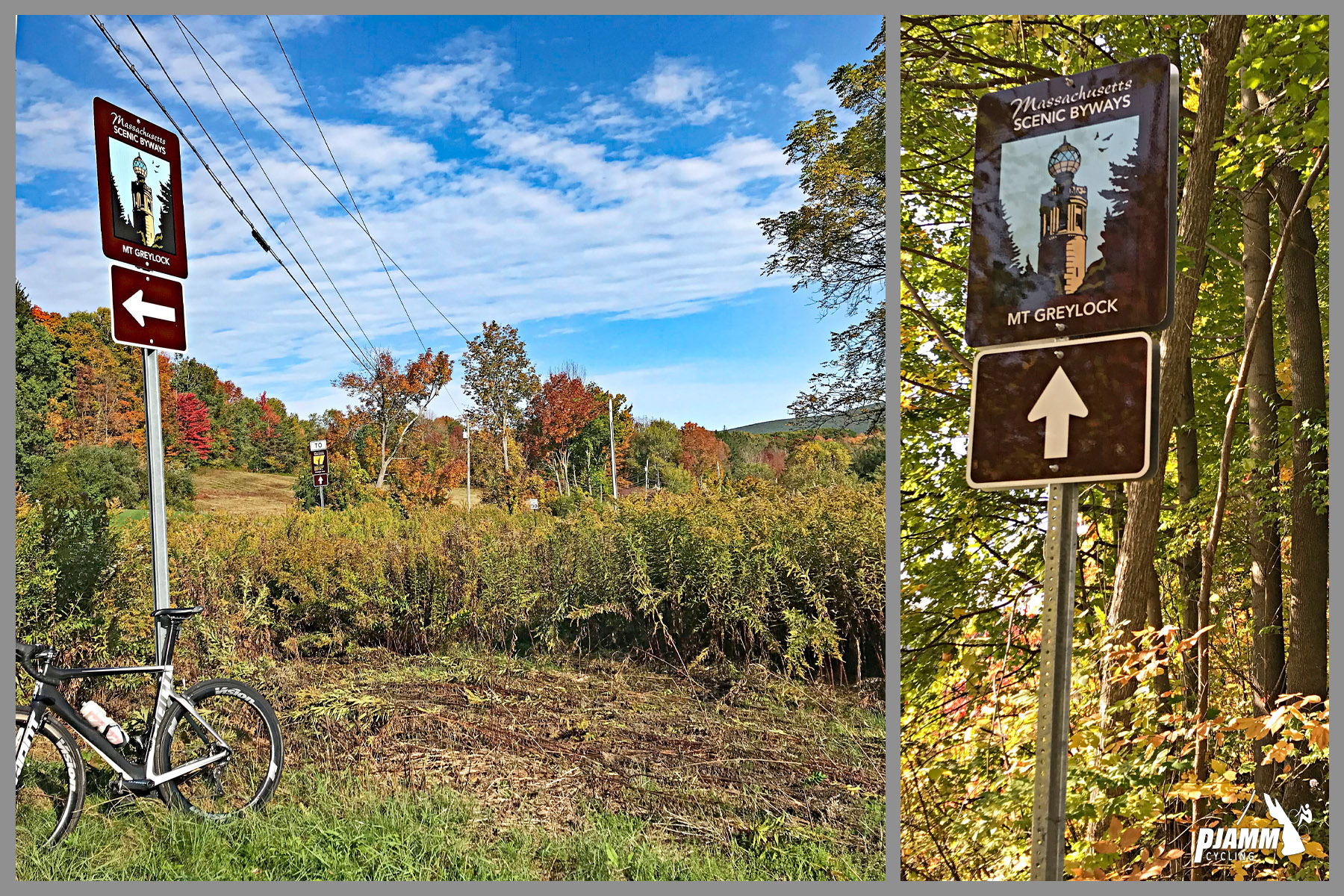 Cycling Mt. Greylock, Massachusetts  - bike parked in foliage on roadside next to sign for Mt. Greylock, Scenic Byways; PJAMM Cycling logo in corner