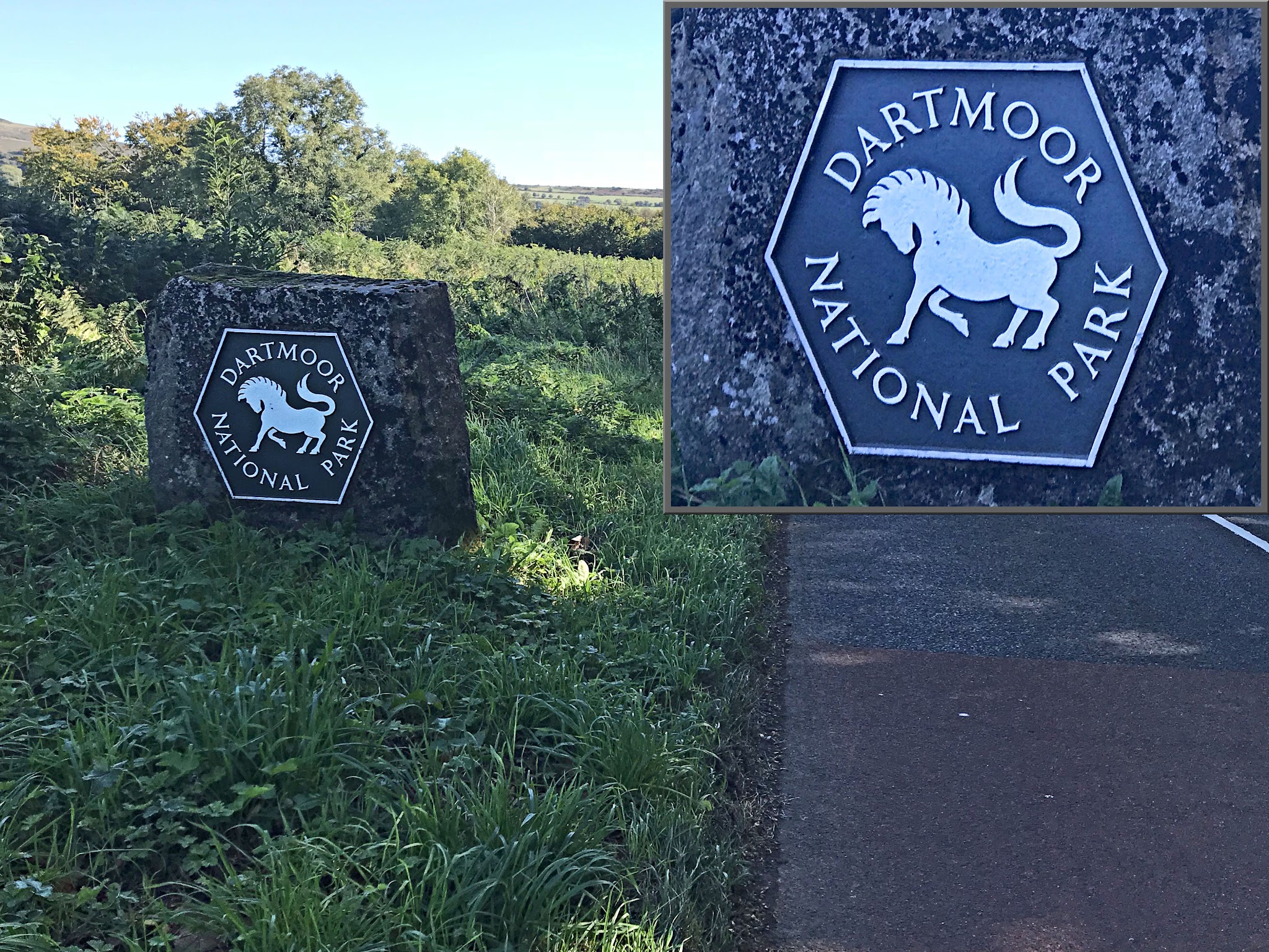Cycling Rundlestone, England - stone sign with regal horse silouette which says "Dartmoor National Park" along roadway in grass