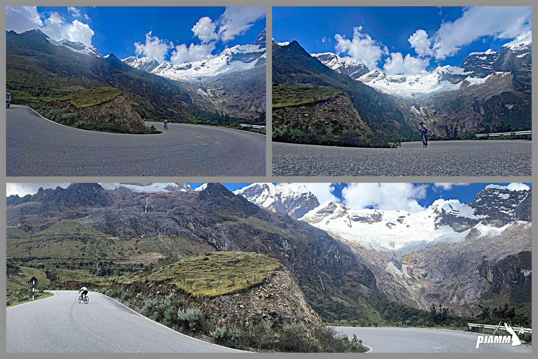 Cycling Punta Olimpica East, Peru - photo collage shows PJAMM Cyclists on first set of hairpins