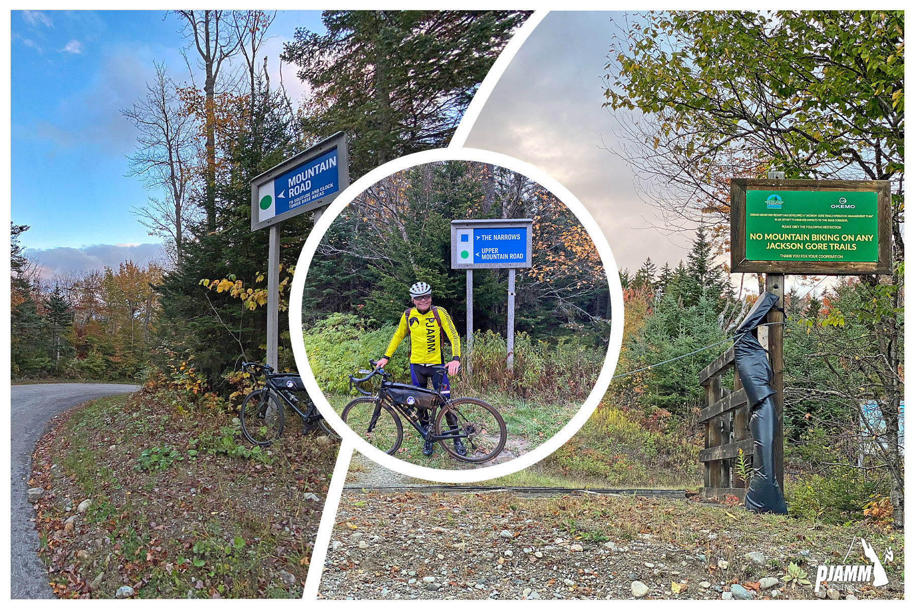 Cycling Okemo, Vermont - john johnson wearing yellow PJAMM cycling windbreaker standing in front of sign with bike, sign for Mountain Road and No Mountain Biking on any Jackson Gore Trails