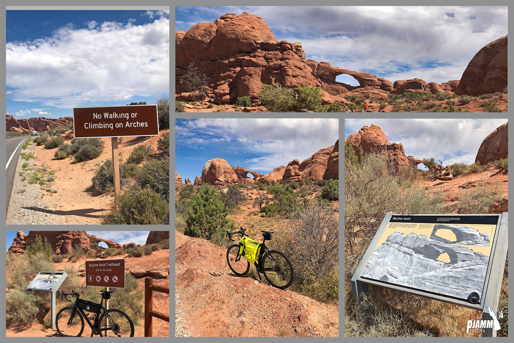 Cycling Arches National Park, Utah - photo collage, PJAMM Cycling logo in corner, bike parked next to signs and at various locations near Skyline Arch trail, sign reading "No Walking or Climbing on Arches"