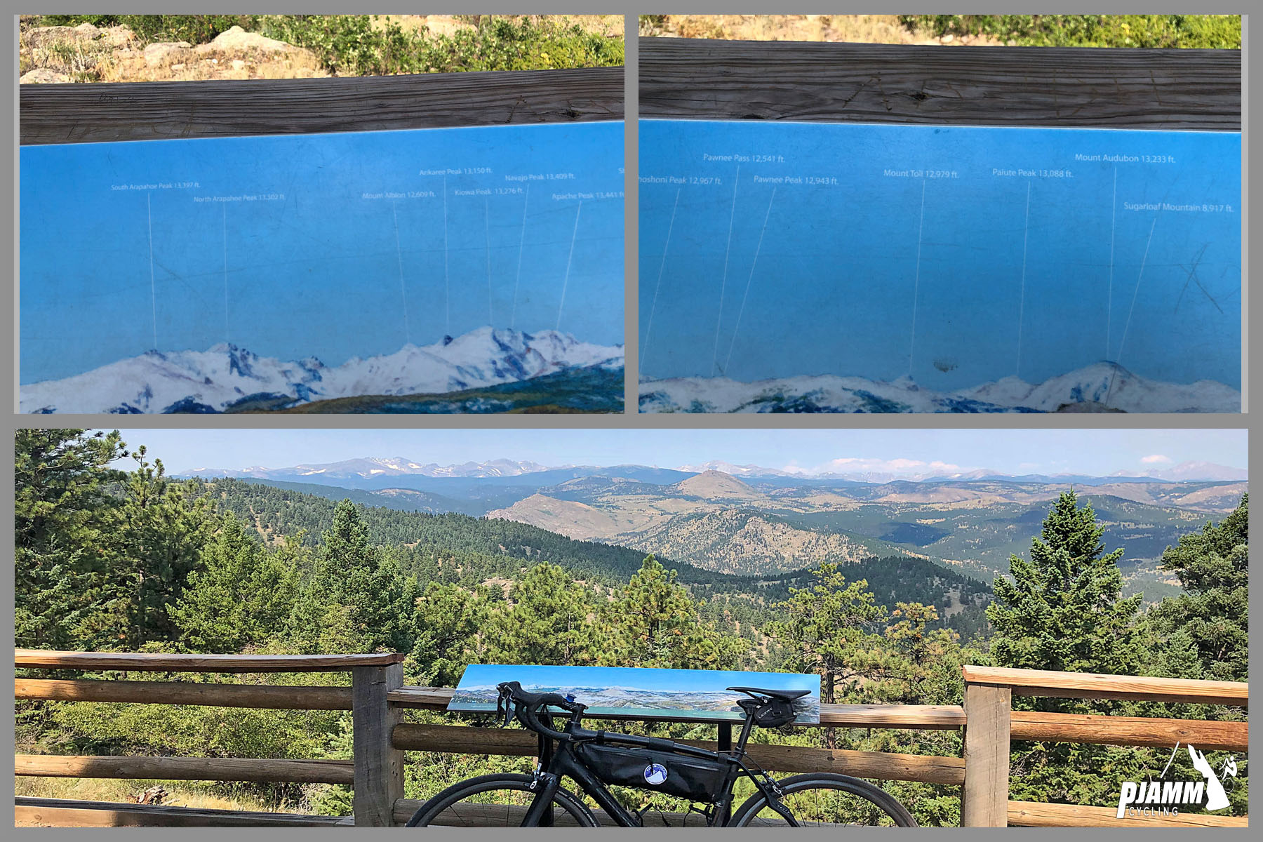 Cycling Flagstaff Road, Boulder, Colorado - PJAMM Cycling logo in corner, bike leaning against low wooden fence and informational sign at Lost Gulch Overlook