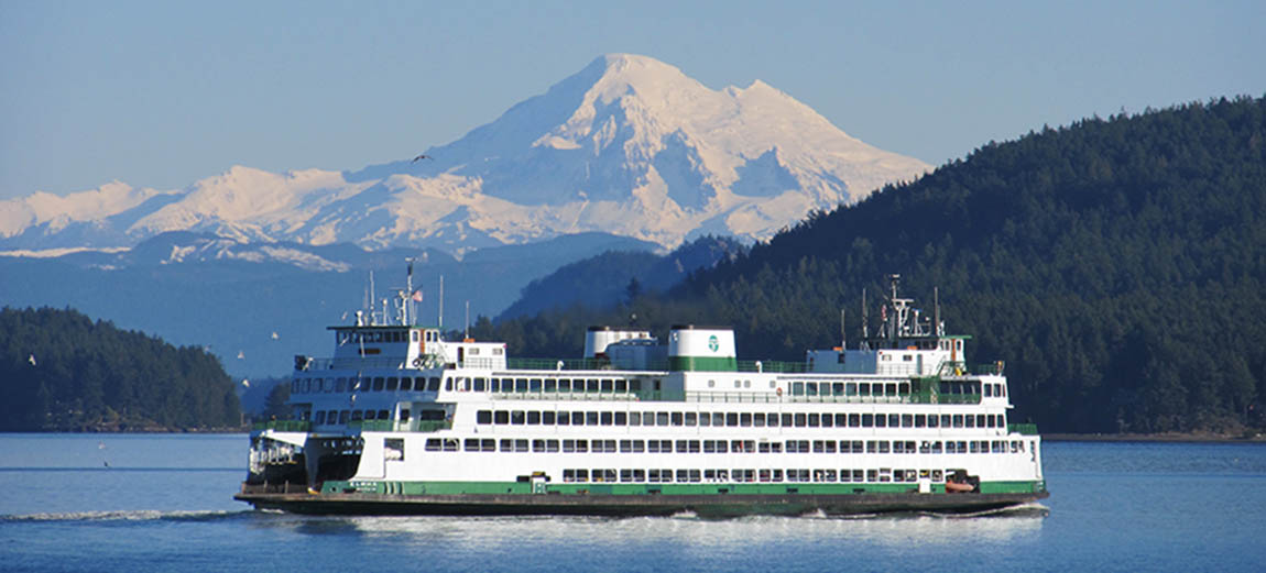 a ferry boat travels along Puget Sound, Washington