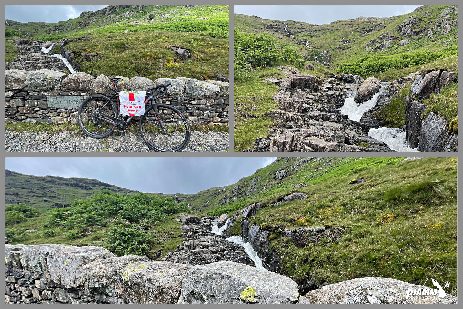 photo collage shows bike parked next to stone retaining wall, small streams behind