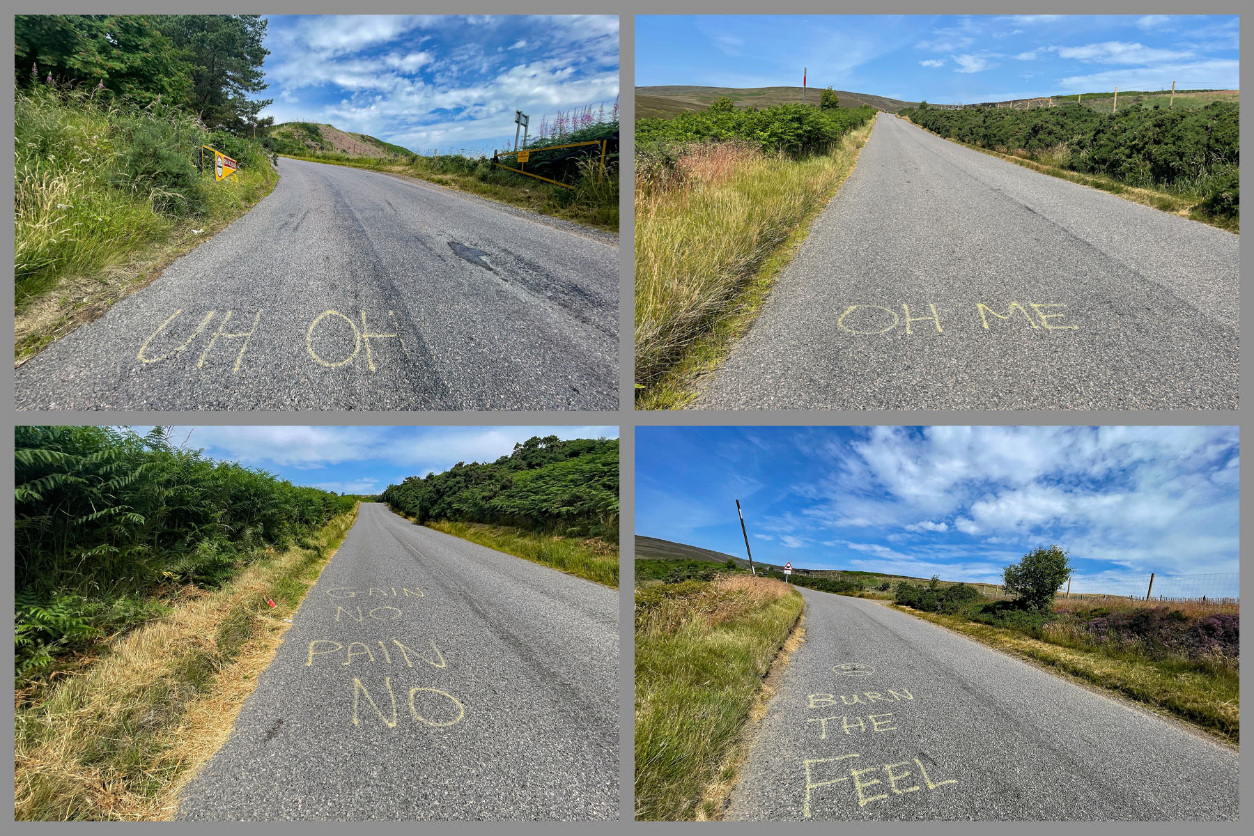 spray painted notes on roadway include: Uh Oh, Oh Me, No Pain No Gain, and Feel the Burn