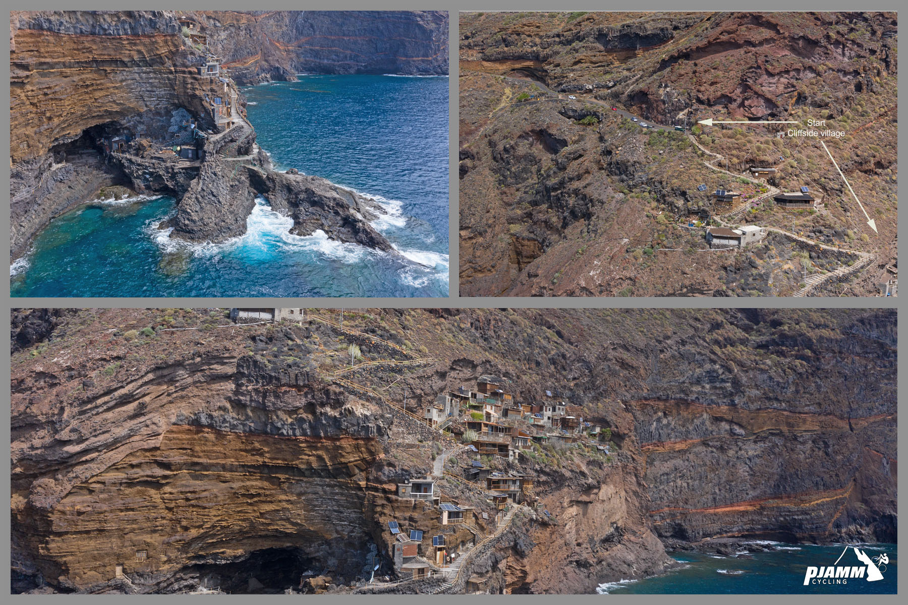 photo collage shows blue waters at Puerto de Puntagorda, roadway on cliffside above ocean