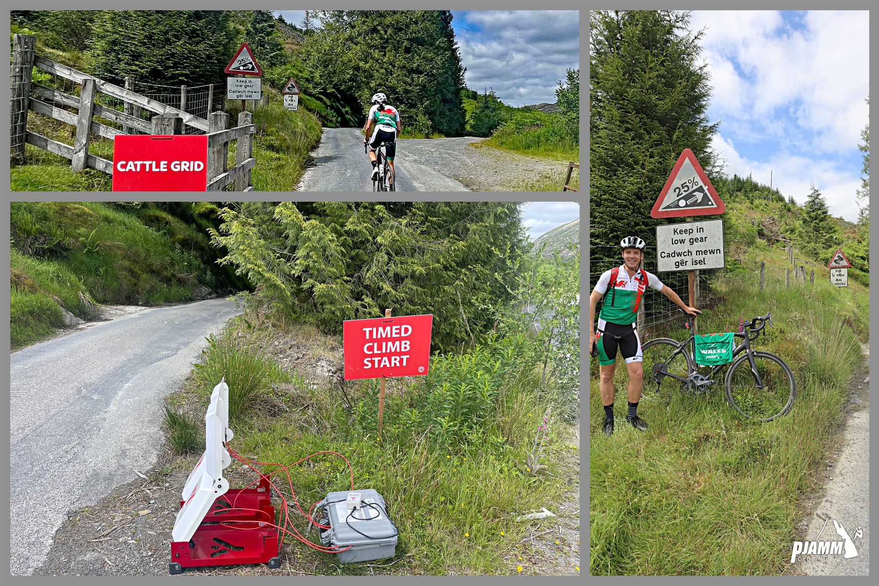 photo collage shows bike race signage along the route including "Timed Climb Start," "Cattle Grid," etc.