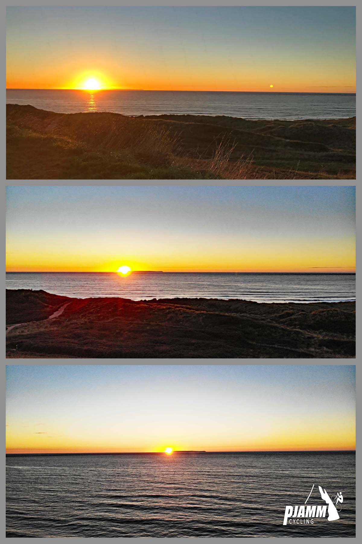 Cycling Challacombe Hill - sun at various stages of setting over water, hillsides in foreground