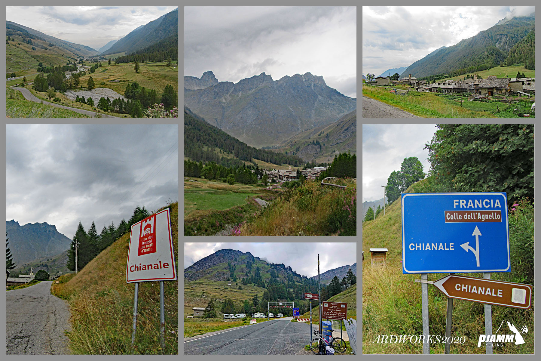 Cycling Colle dell’Agnello, France and Italy - photo collage, signs for Chianele, French Alps, Italian Alps, PJAMM Cycling logo in corner