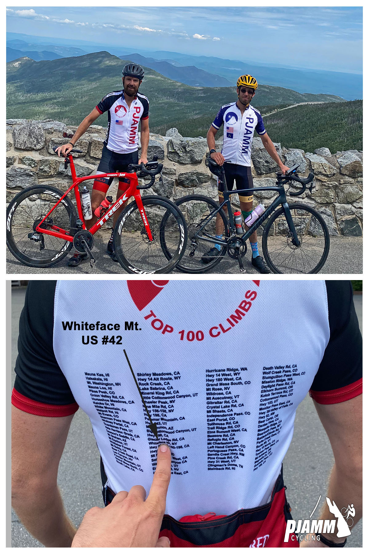 Cycling Whiteface Mountain, New York - cyclists smiling with bikes in front of low stone retaining wall overlooking hillsides, photo of PJAMM Cycling jersey listing top 100 climbs in US