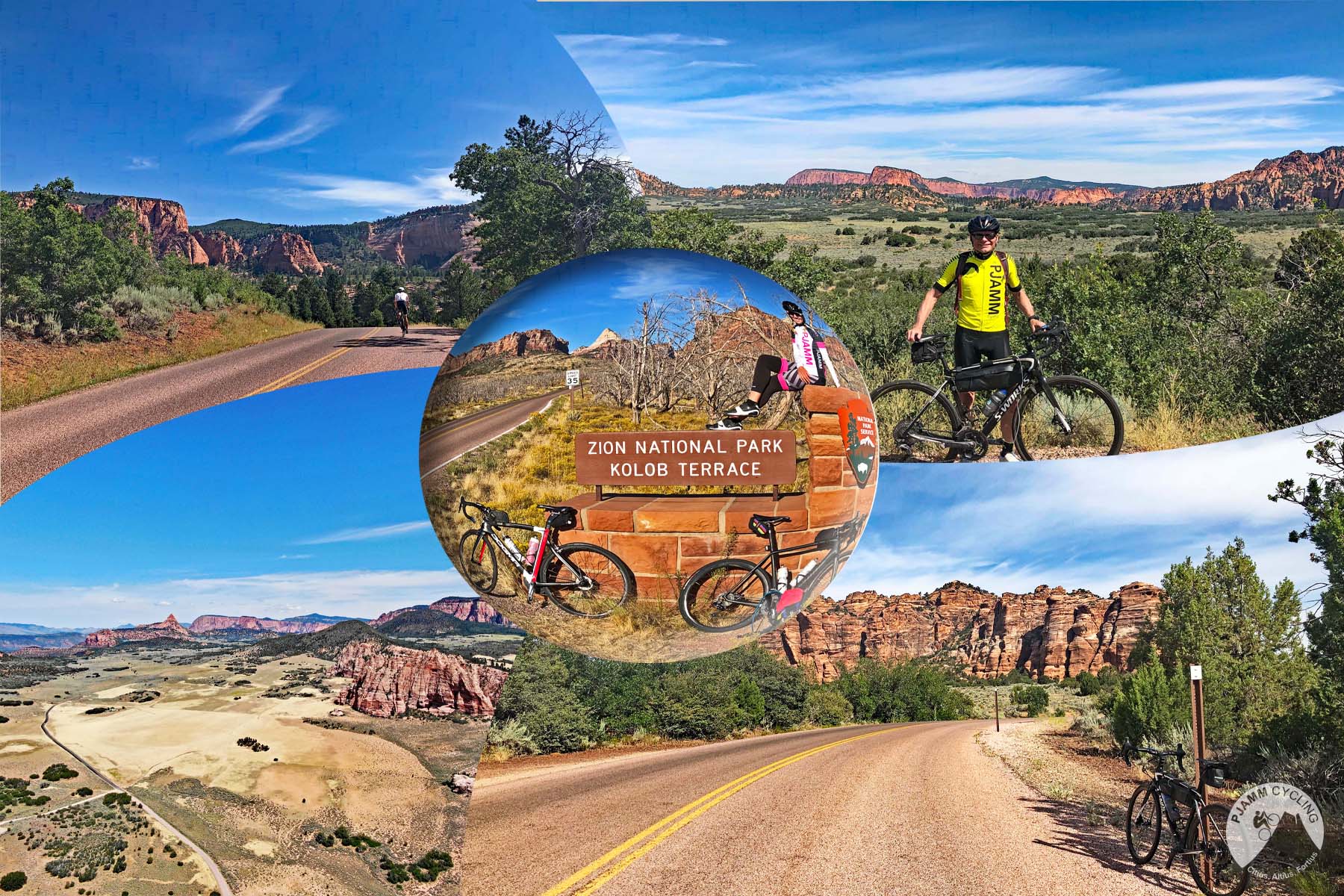 Cycling KOLOB TERRACE ROAD, ZION NP - photo collage, PJAMM Cycling logo in corner, cyclist resting on sign for Zion National Park, Kolob Terrace, views along roadway of Kolob Terrace