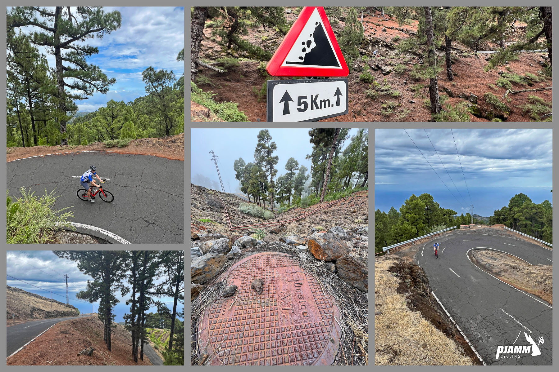 photo collage shows PJAMM cyclist riding on switchback in roadway, alpine setting, road sign warns of falling rocks for 5 kilometers