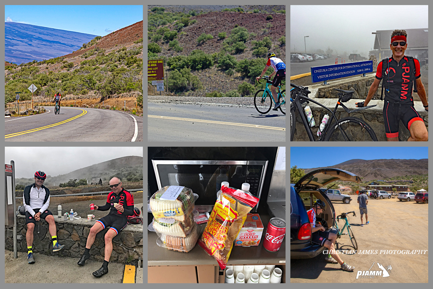 Cycling Mauna Kea from the West  - First Light Visitor Center, snacks, cyclists sitting on stone retaining wall eating snacks