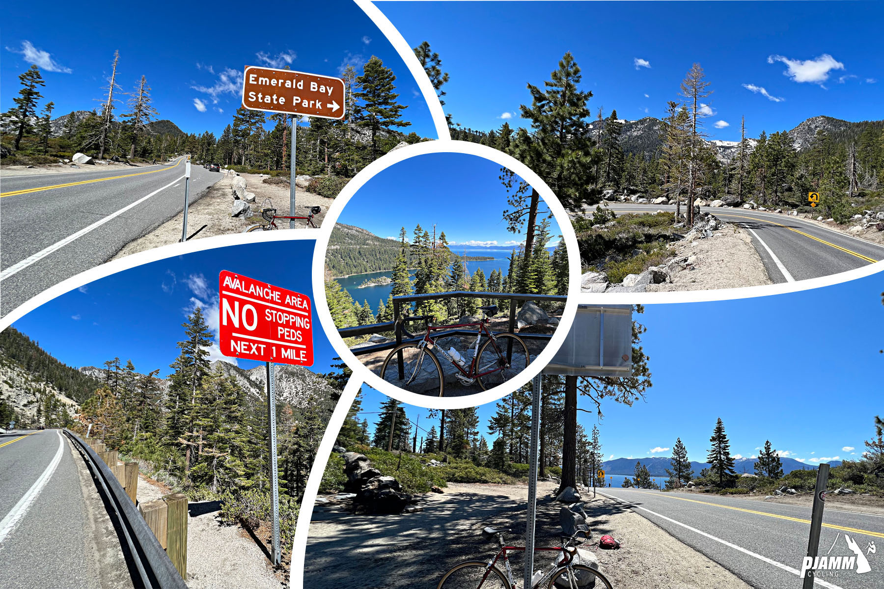 photo collage shows scenes at Emerald Bay: bike parked against railing overlooking deep blue lake surrounded by alpine forest