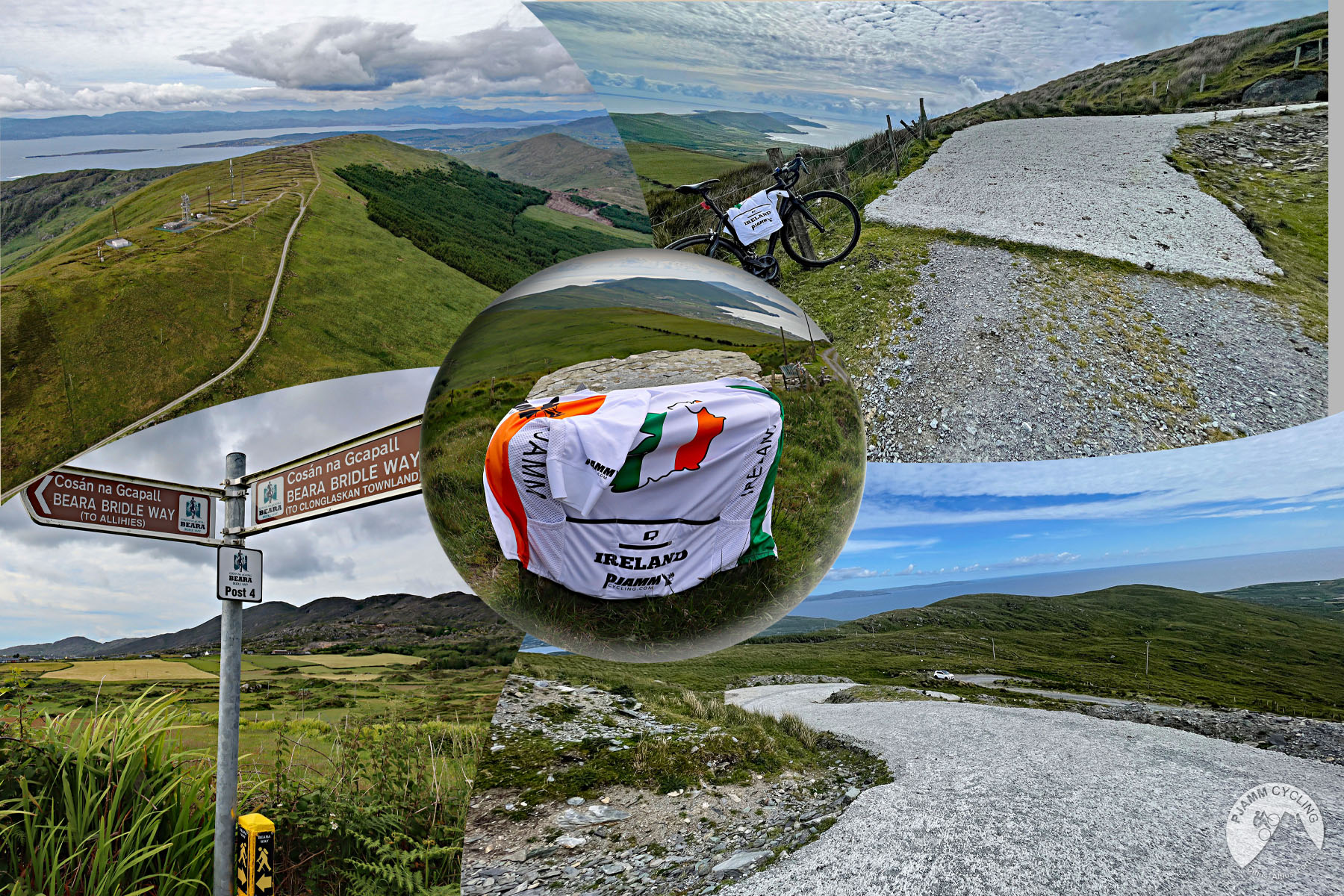 photo collage shows vies along the climb: street signs, gravel roadway, aerial drone view of roadway stretching along top of green hills