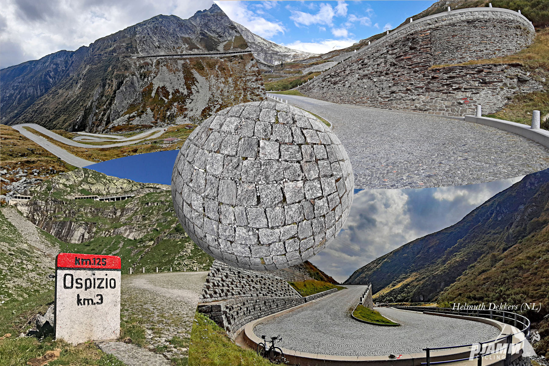 Cycling Gotthard Pass (St. Gotthard Pass), Switzerland - photo collage, KM marker, historic cobblestone roadway, Swiss Alps,  PJAMM Cycling logo in corner