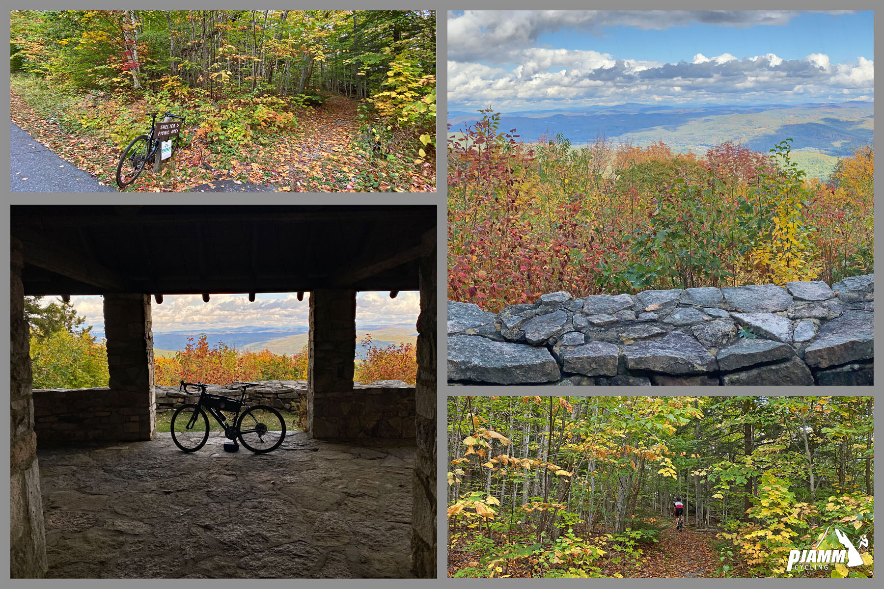 Cycling Mt. Ascutney, Vermont - the path to the overlook during fall foliage time, bike parked at various points along the way