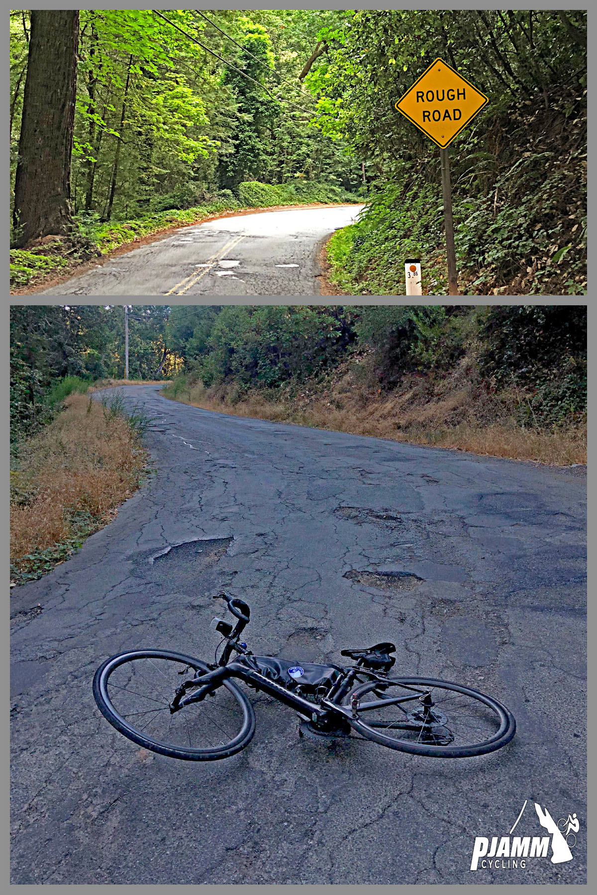 Cycling Eureka Canyon, Santa Cruz Mountains - Yellow road sign saying "ROUGH ROAD", next to severely deteriorated asphalt road covered in cracks and potholes, bike laying in center of road