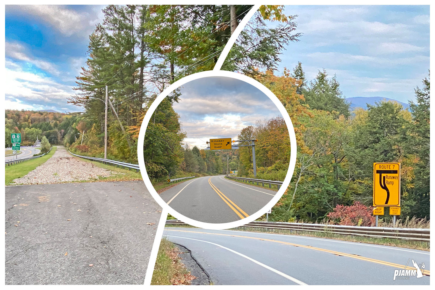 Cycling Petersburg Pass, Massachusetts - Runaway Truck ramp on roadside, steep grade, PJAMM Cycling logo