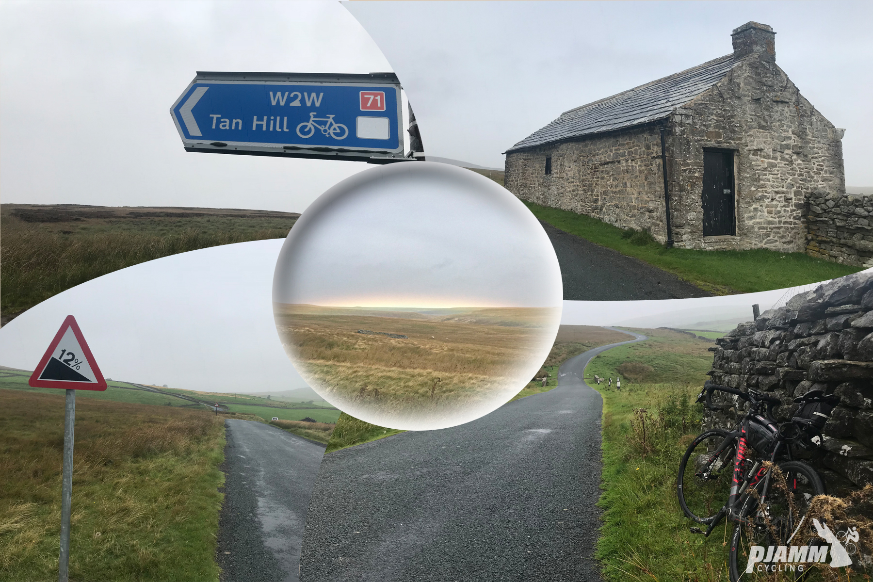 Cycling Tan Hill, UK - photo collage, PJAMM Cycling logo in corner, road sign for Tan Hill, old white stone building along roadside, bike parked along stone fence on roadside, narrow one-lane road in remote pastureland, road sign for 12% grade
