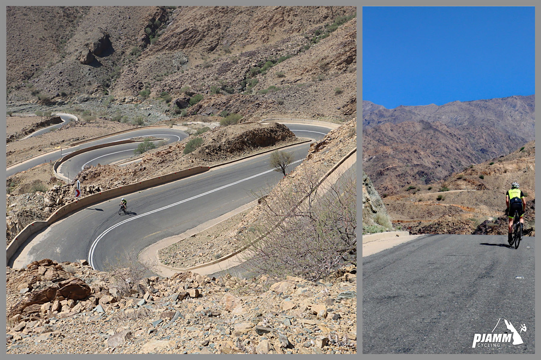 Cycling Beth-rah Pass, Asir Mountains, Saudi Arabia - photo collage looking down on extremely sharp hairpin turns up the mountain