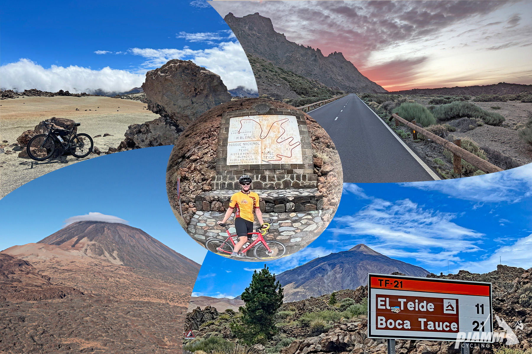 photo collage shows views of Mt. Teide along the Puerto de la Cruz north climb, including gorgeous sunrise over craggy mountains, moonscape landscape of the mountain