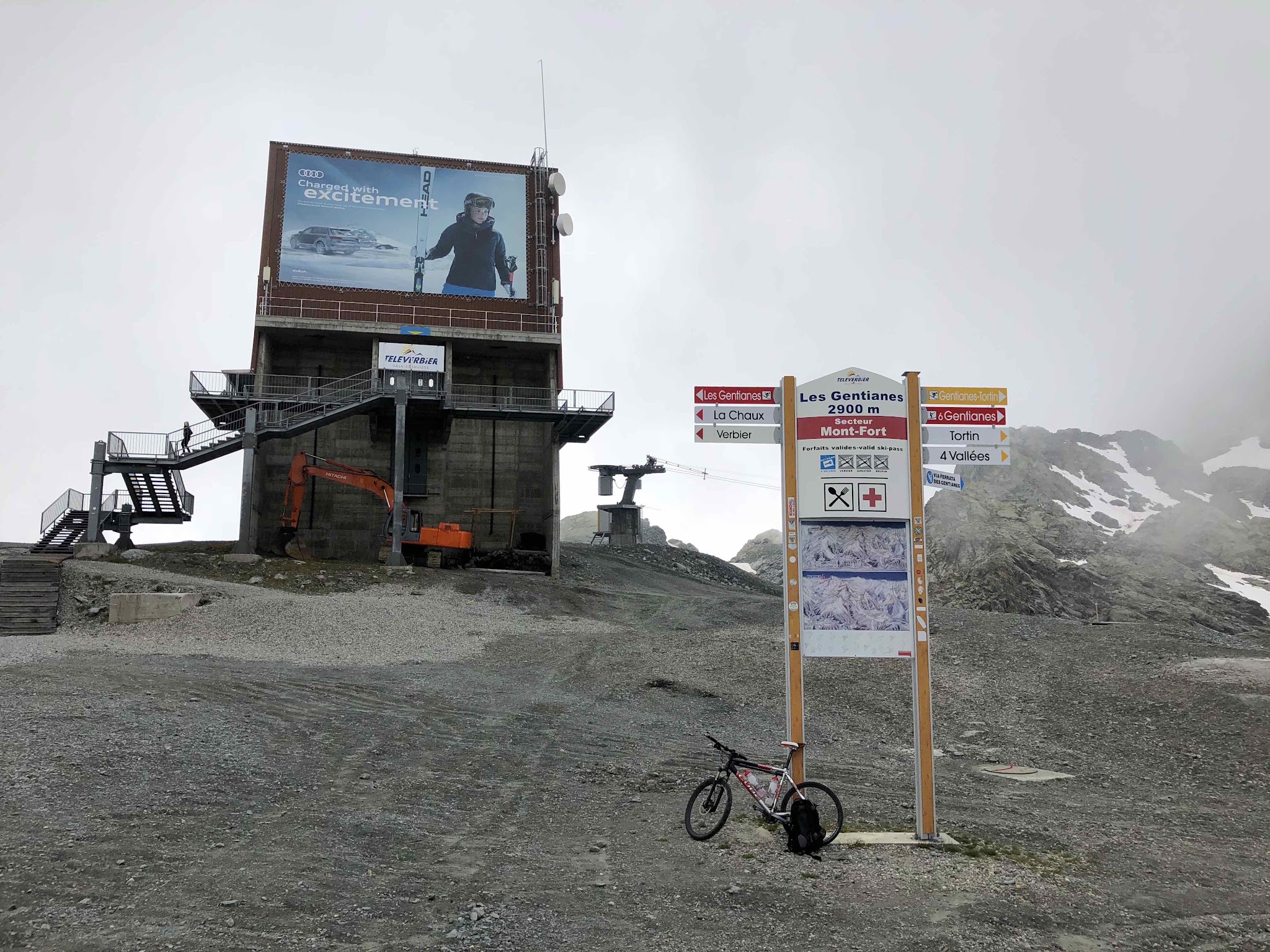 Cycling Passo Umbrail, Switzerland - bike parked next to sign, Ski lift