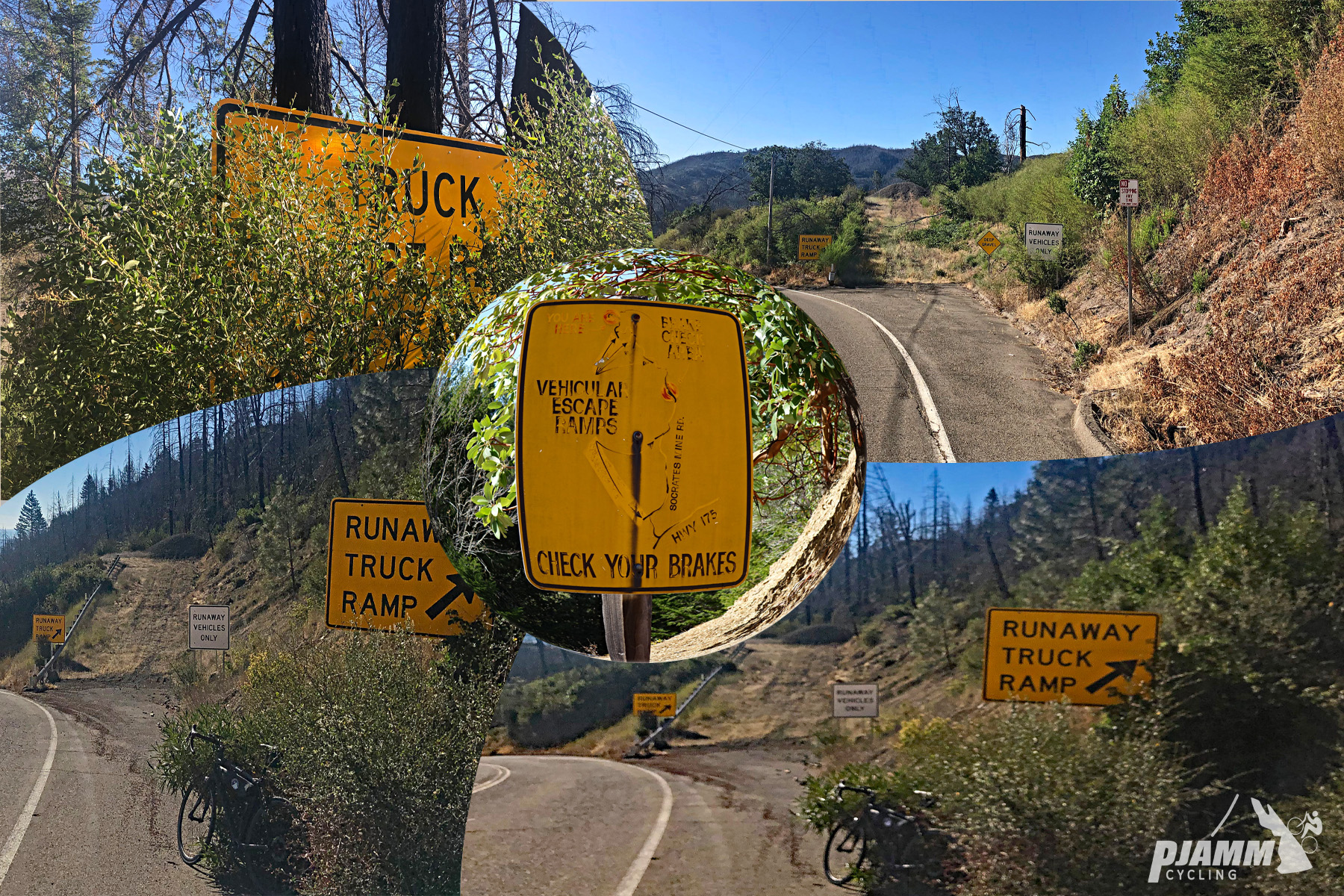 Cycling Socrates Mine Road, Lake County, California - PJAMM Cycling logo in corner, signs for Runaway Truck Ramp on side of road