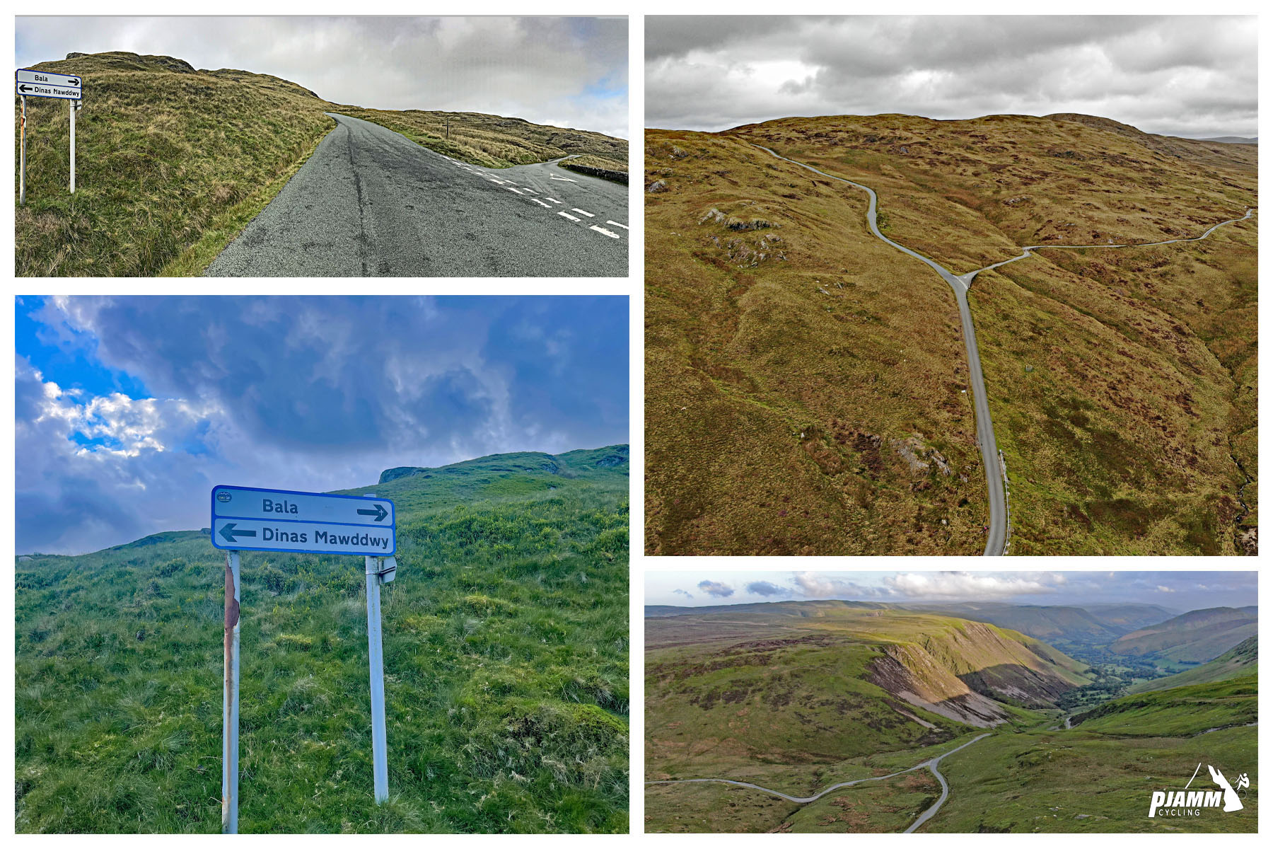 aerial drone view of fork in roadway at mile 1.3; road sign for Bala and Dinas Mawddyy